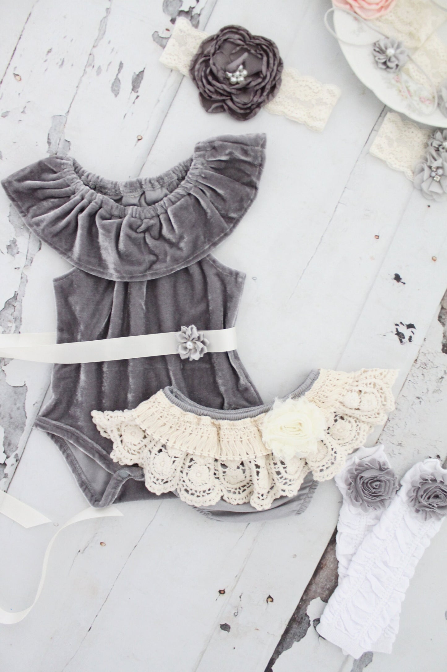 Christmas Holiday Boho Gray Velvet Ruffle Bodysuit Leggings Bloomer Sash Headband Newborn Baby Girl Coming Home Outfit 1st Birthday Mommy Me