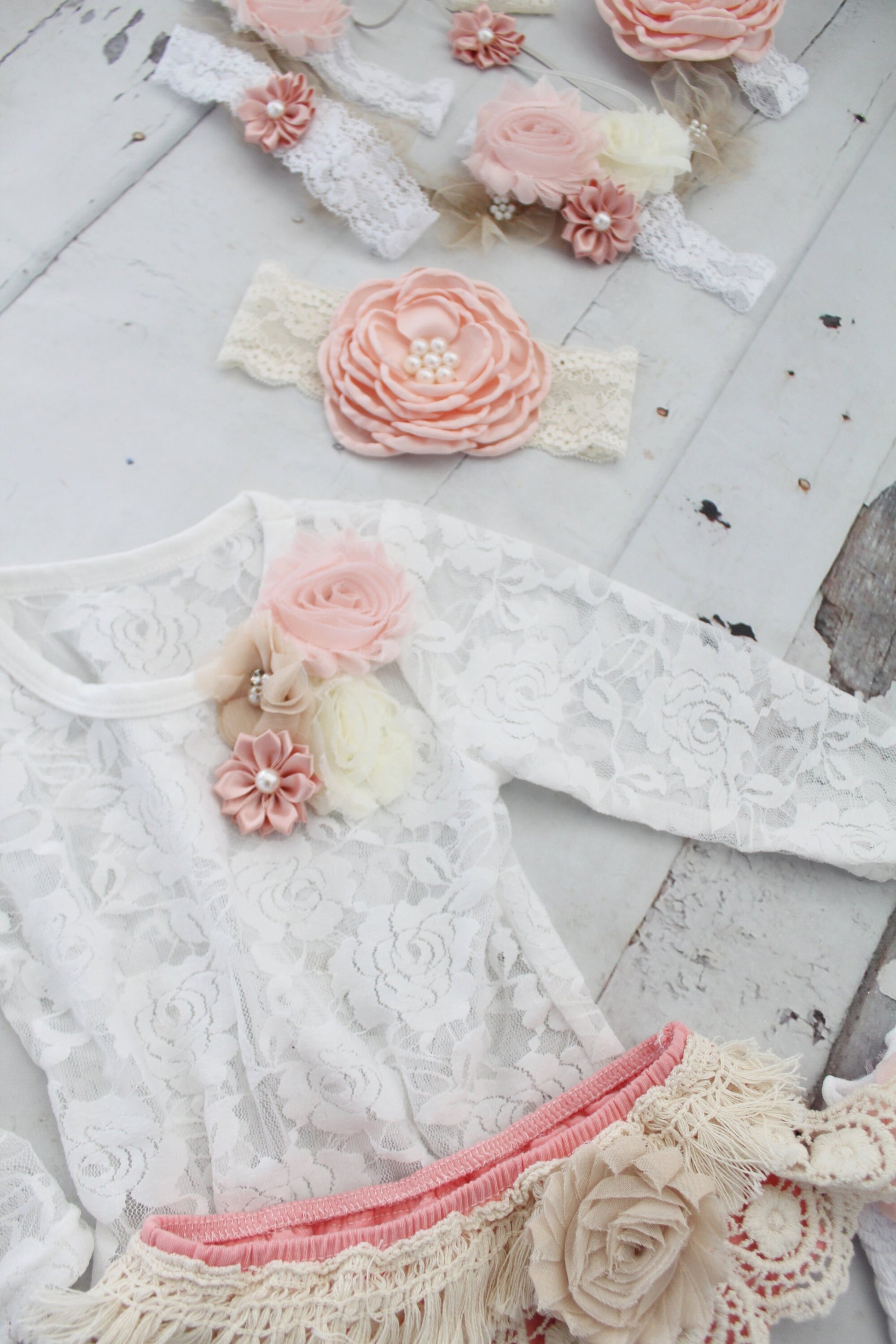 Easter Spring White Lace Bodysuit Baby Girl Boho Lace Bodysuit w Floral Collar Boho Bloomer Birthday Mommy Me Newborn Coming Home Outfit