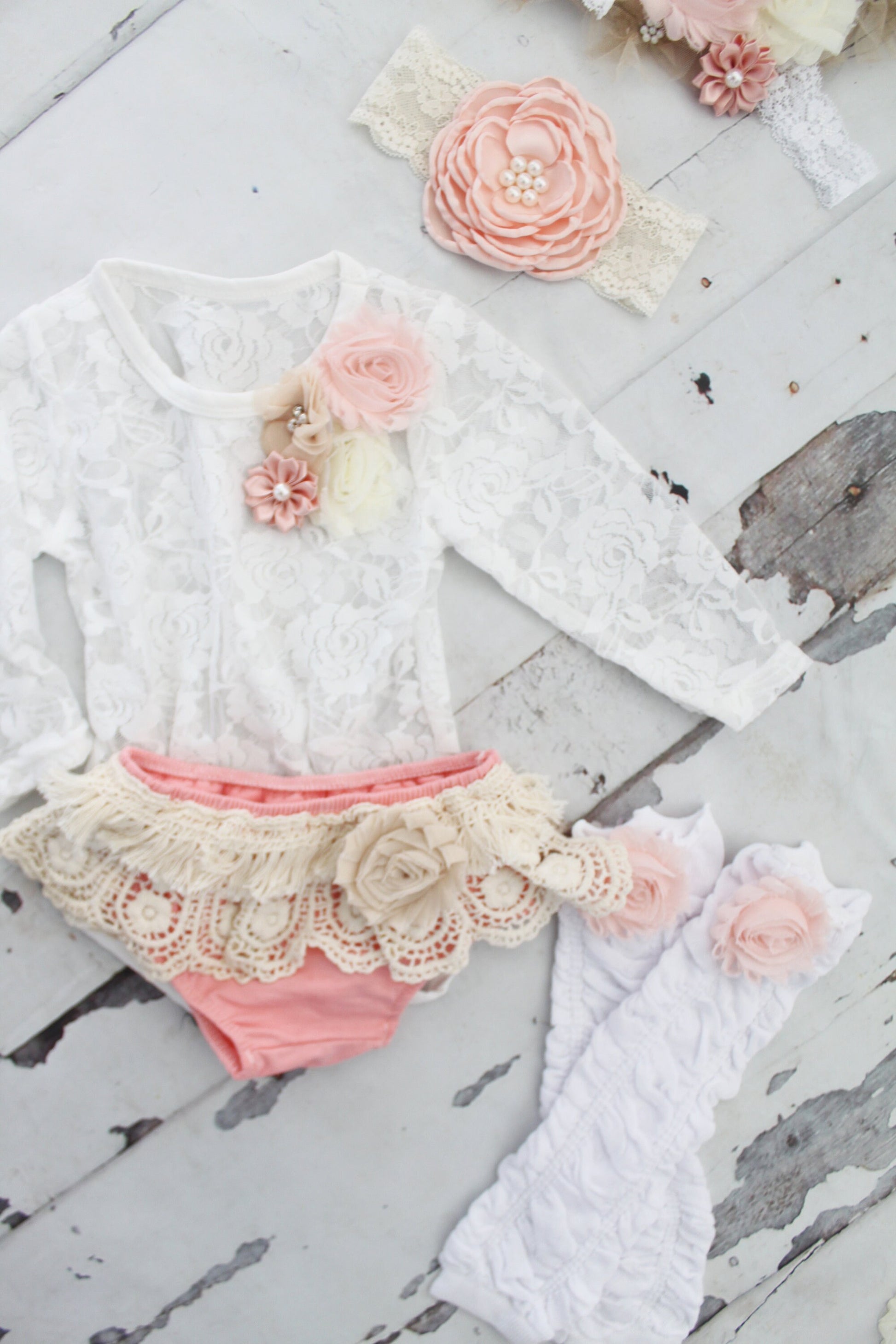 Easter Spring White Lace Bodysuit Baby Girl Boho Lace Bodysuit w Floral Collar Boho Bloomer Birthday Mommy Me Newborn Coming Home Outfit