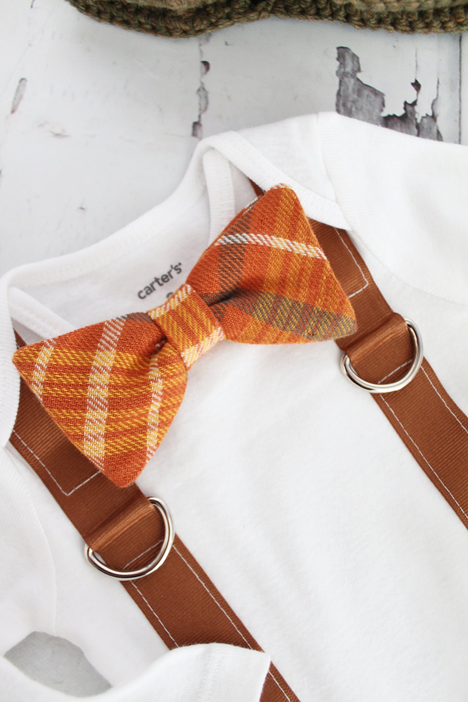 Pumpkin Spice Plaid Bow Tie & Suspender Bodysuit Knit Newsboy Hat Thanksgiving Newborn Baby Boy Coming Home Outfit 1st Birthday Fall Harvest