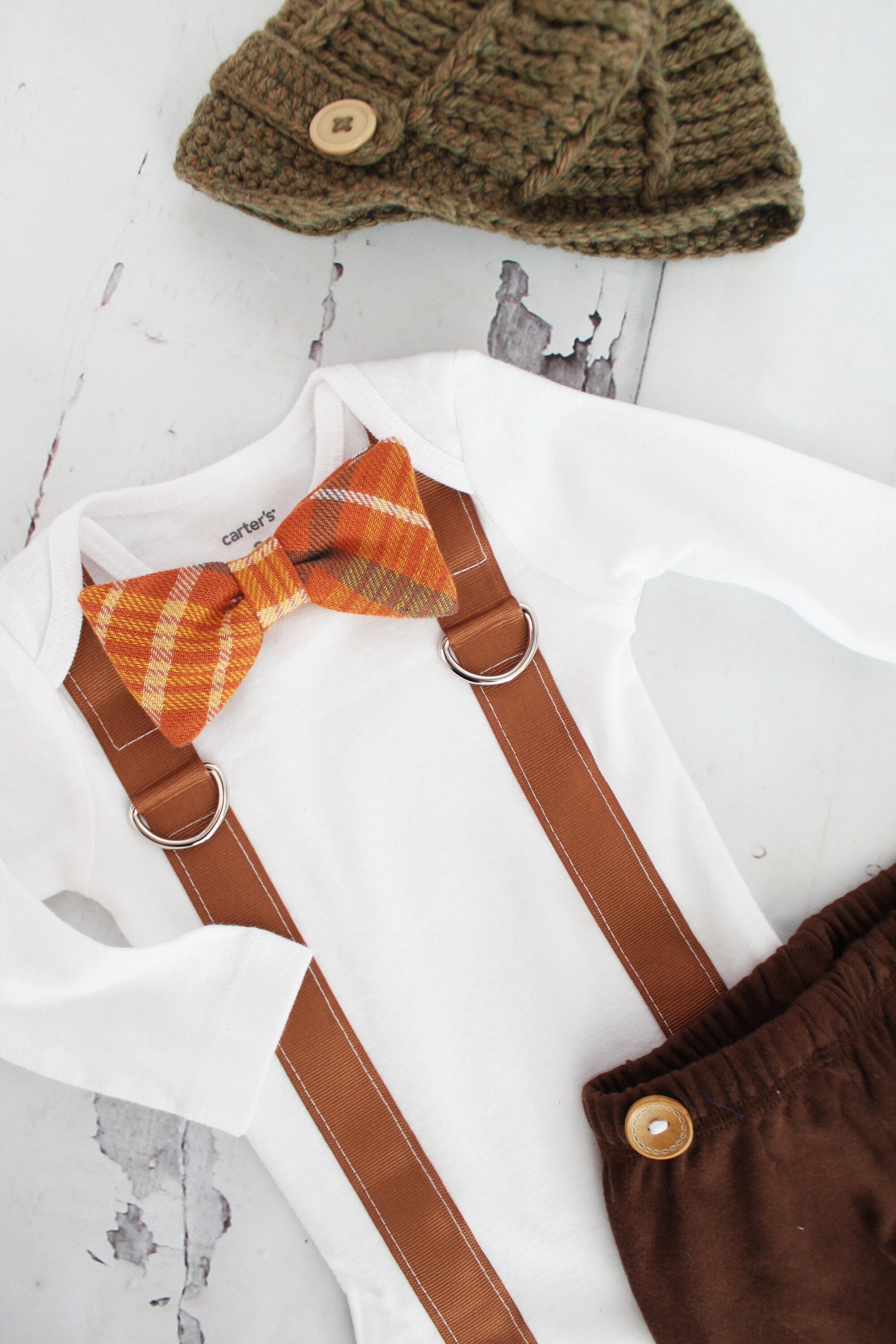 Pumpkin Spice Plaid Bow Tie & Suspender Bodysuit Knit Newsboy Hat Thanksgiving Newborn Baby Boy Coming Home Outfit 1st Birthday Fall Harvest