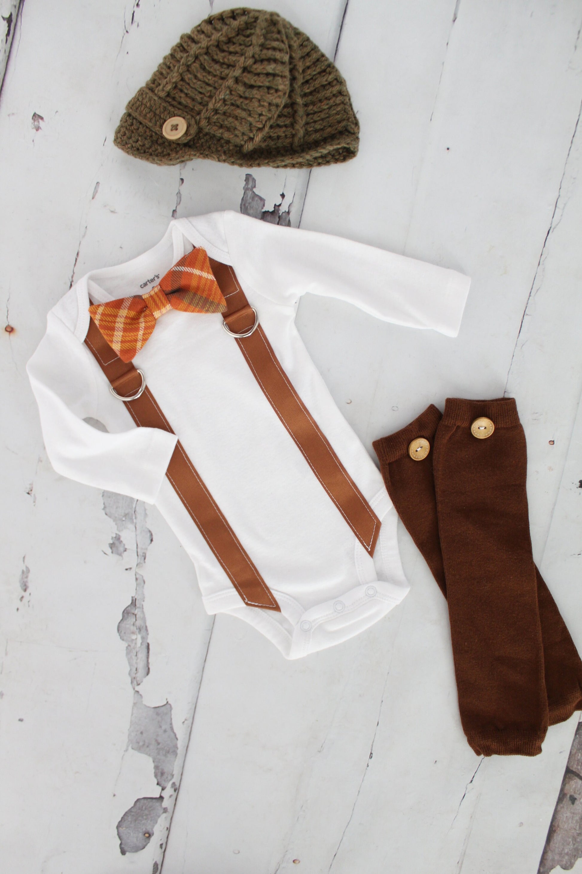 Pumpkin Spice Plaid Bow Tie & Suspender Bodysuit Knit Newsboy Hat Thanksgiving Newborn Baby Boy Coming Home Outfit 1st Birthday Fall Harvest