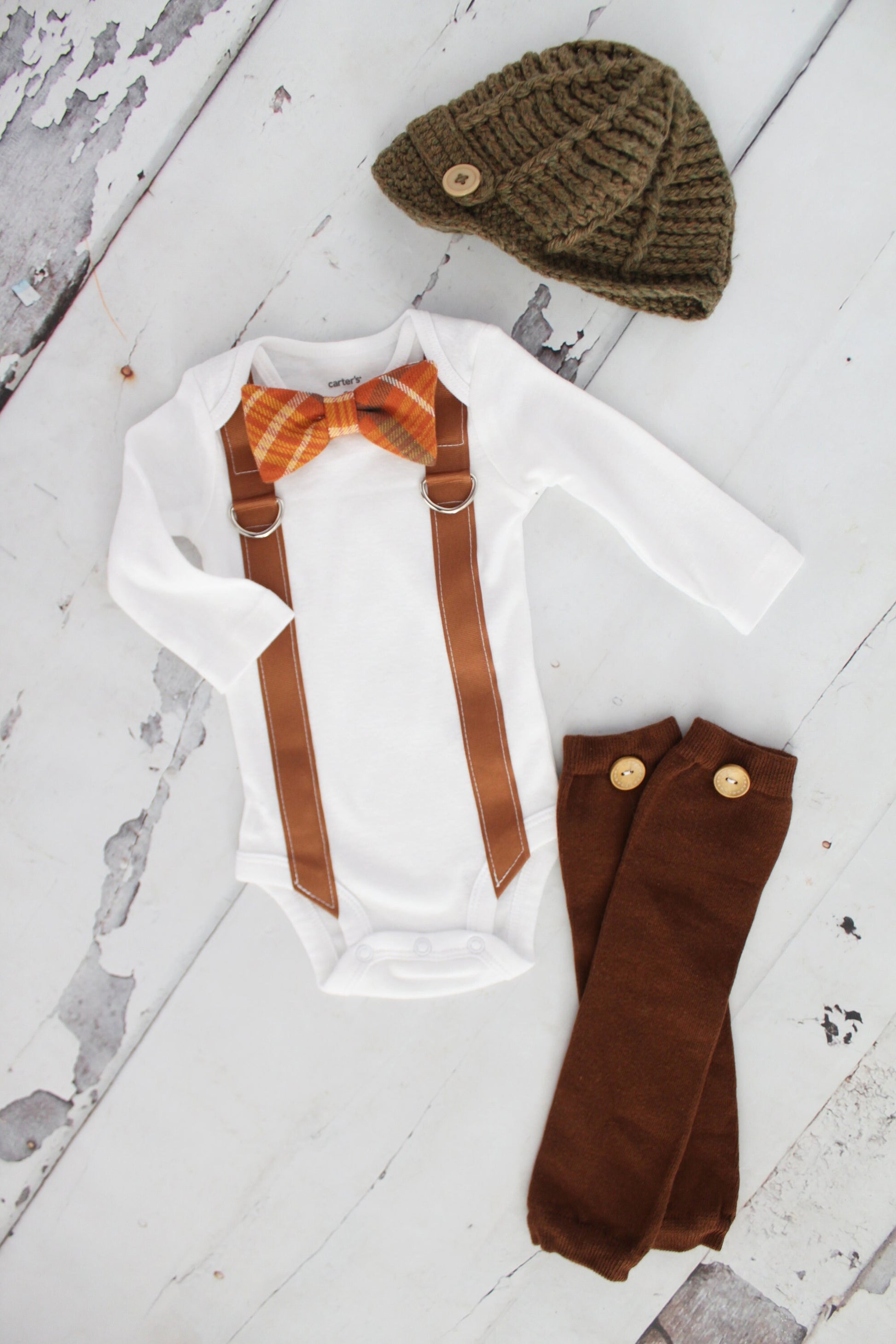 Pumpkin Spice Plaid Bow Tie & Suspender Bodysuit Knit Newsboy Hat Thanksgiving Newborn Baby Boy Coming Home Outfit 1st Birthday Fall Harvest