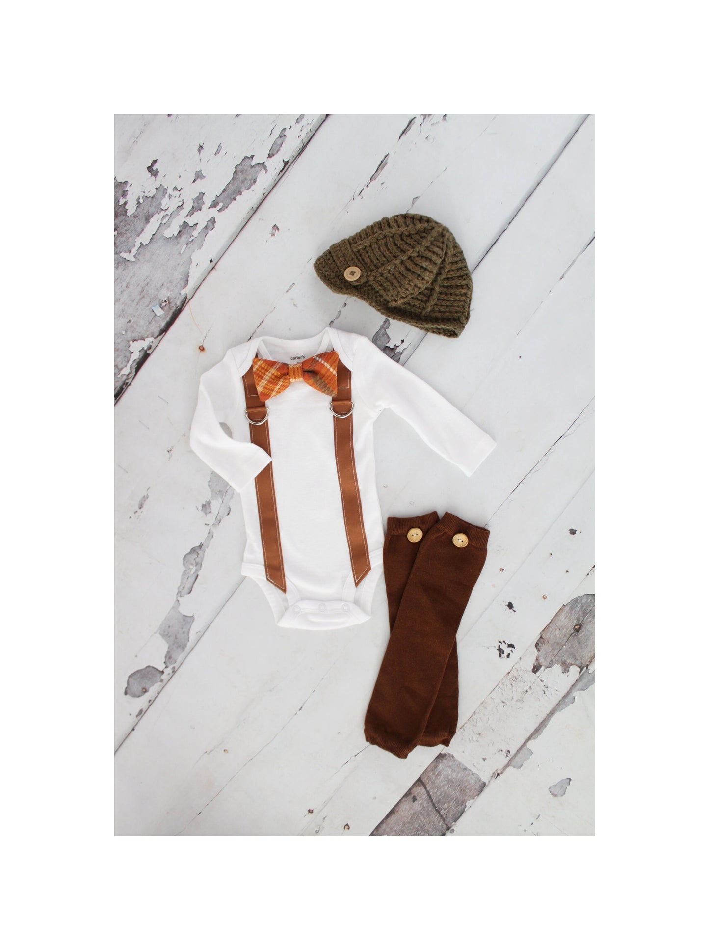 Pumpkin Spice Plaid Bow Tie & Suspender Bodysuit Knit Newsboy Hat Thanksgiving Newborn Baby Boy Coming Home Outfit 1st Birthday Fall Harvest