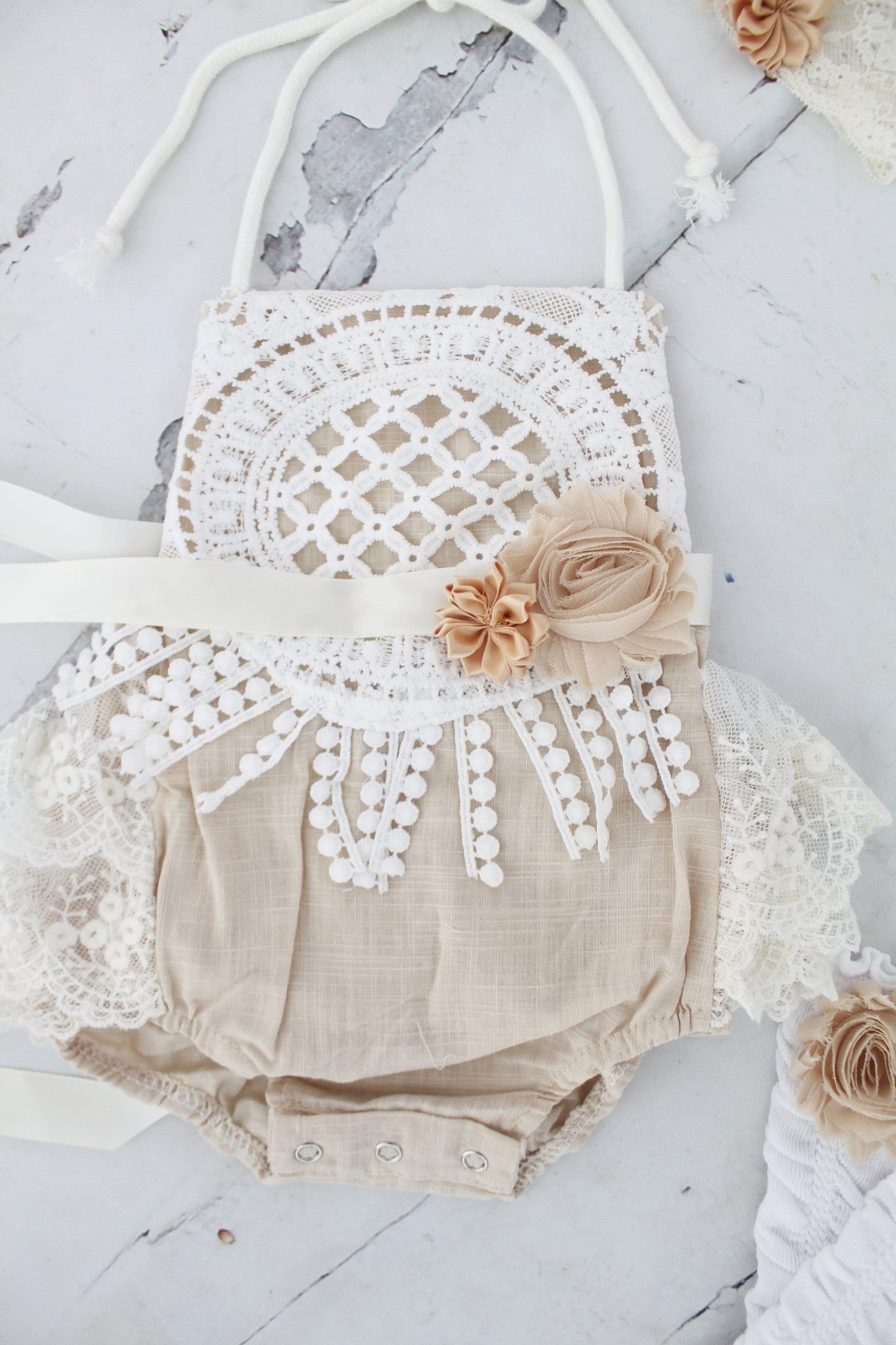 Baby Girl Fall Boho Lace Romper, Christmas Holiday Ruffle Leg Warmers & Headband Newborn Baby Girl Coming Home Outfit 1st Birthday Mommy Me