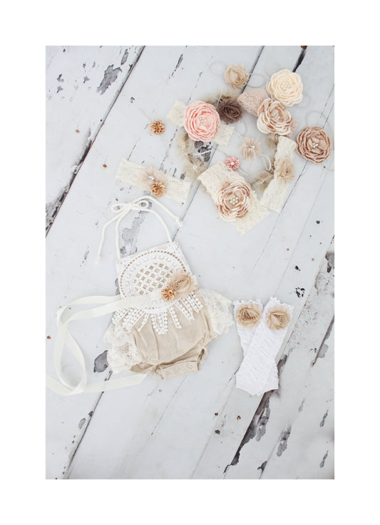 Spring Summer Boho Lace Romper Sash Ruffle Leg Warmers & Headband Newborn Baby Girl Coming Home Outfit 1st Birthday Mommy Me Birthday Romper