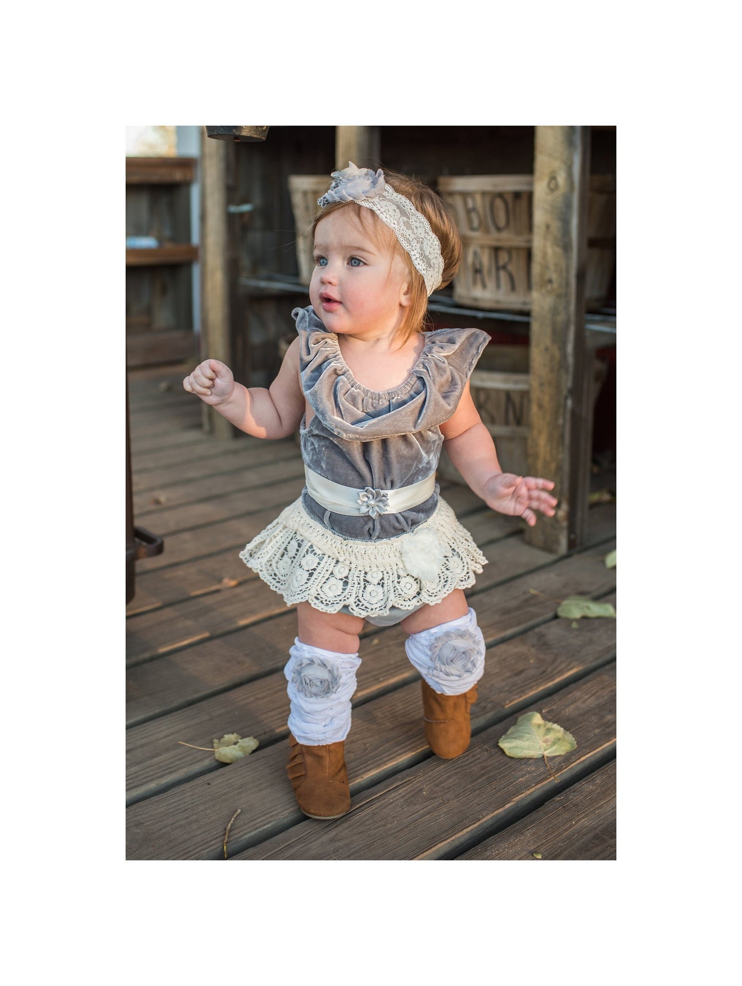 Christmas Holiday Boho Gray Velvet Ruffle Bodysuit Leggings Bloomer Sash Headband Newborn Baby Girl Coming Home Outfit 1st Birthday Mommy Me