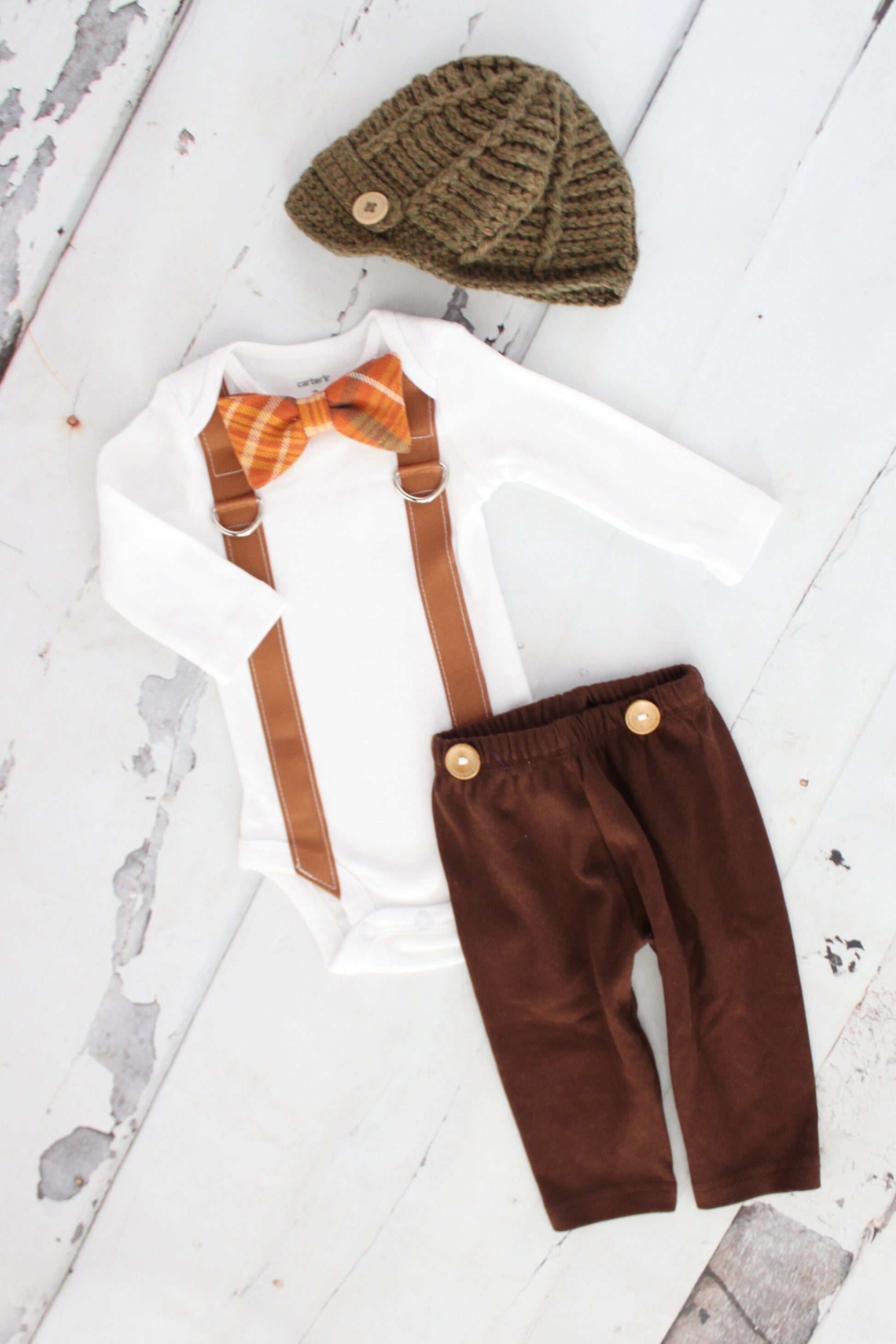 Pumpkin Spice Plaid Bow Tie & Suspender Bodysuit Knit Newsboy Hat Thanksgiving Newborn Baby Boy Coming Home Outfit 1st Birthday Fall Harvest