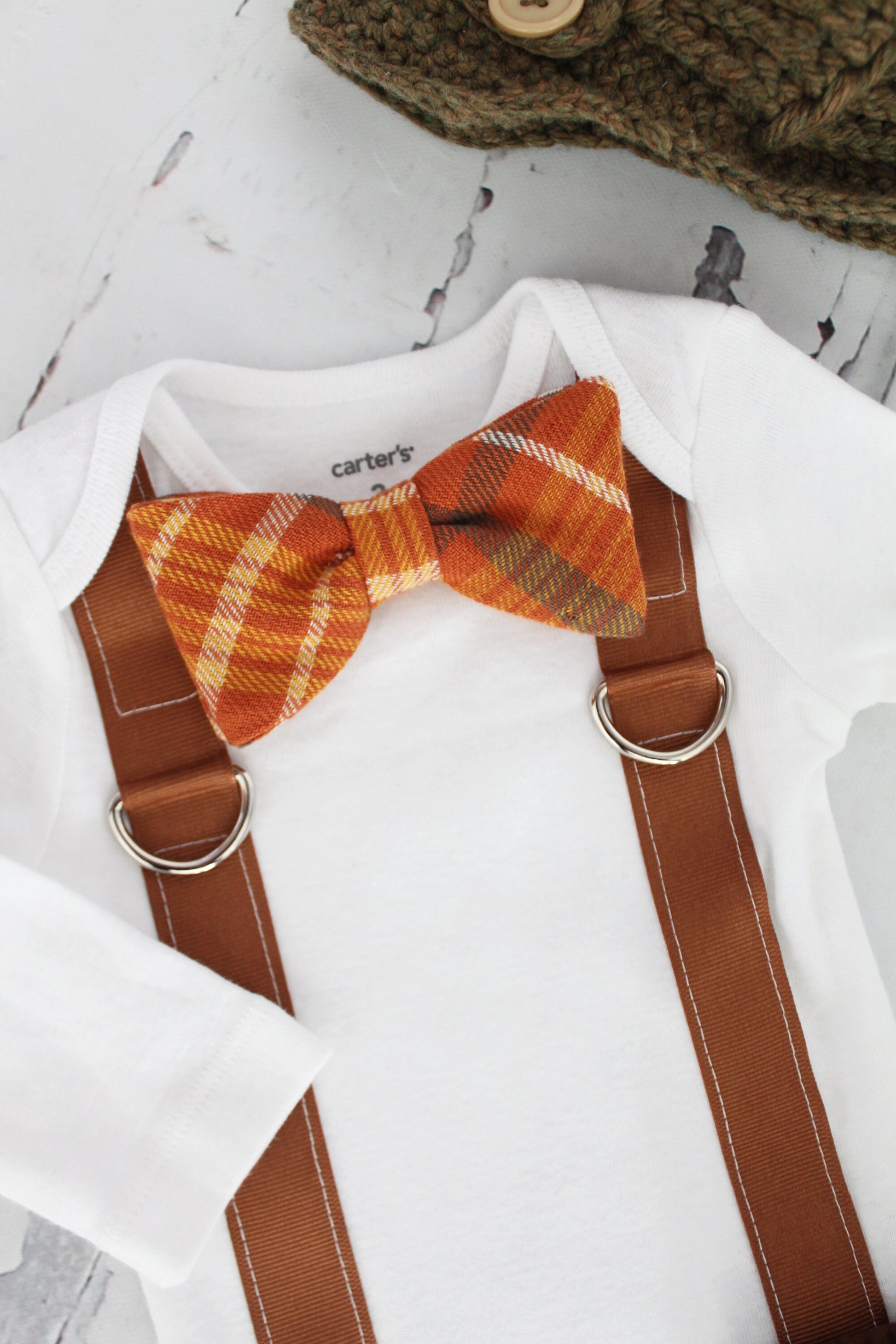 Pumpkin Spice Plaid Bow Tie & Suspender Bodysuit Knit Newsboy Hat Thanksgiving Newborn Baby Boy Coming Home Outfit 1st Birthday Fall Harvest