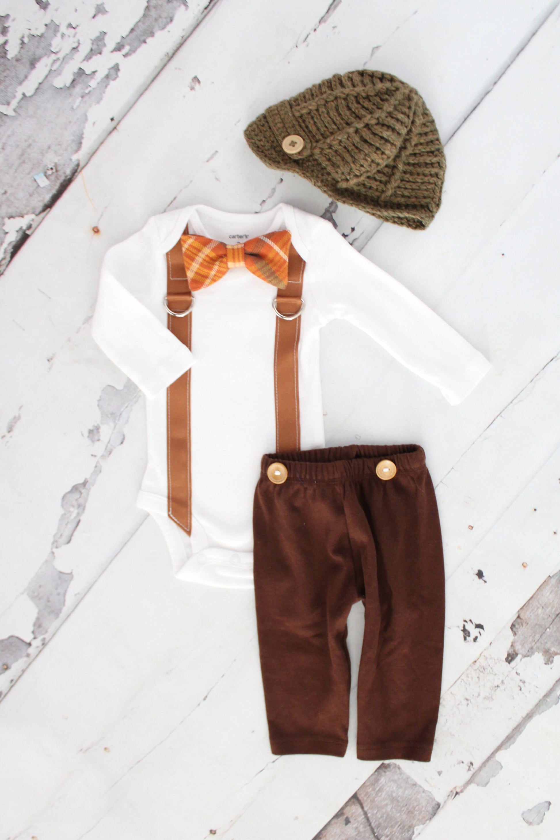 Pumpkin Spice Plaid Bow Tie & Suspender Bodysuit Knit Newsboy Hat Thanksgiving Newborn Baby Boy Coming Home Outfit 1st Birthday Fall Harvest