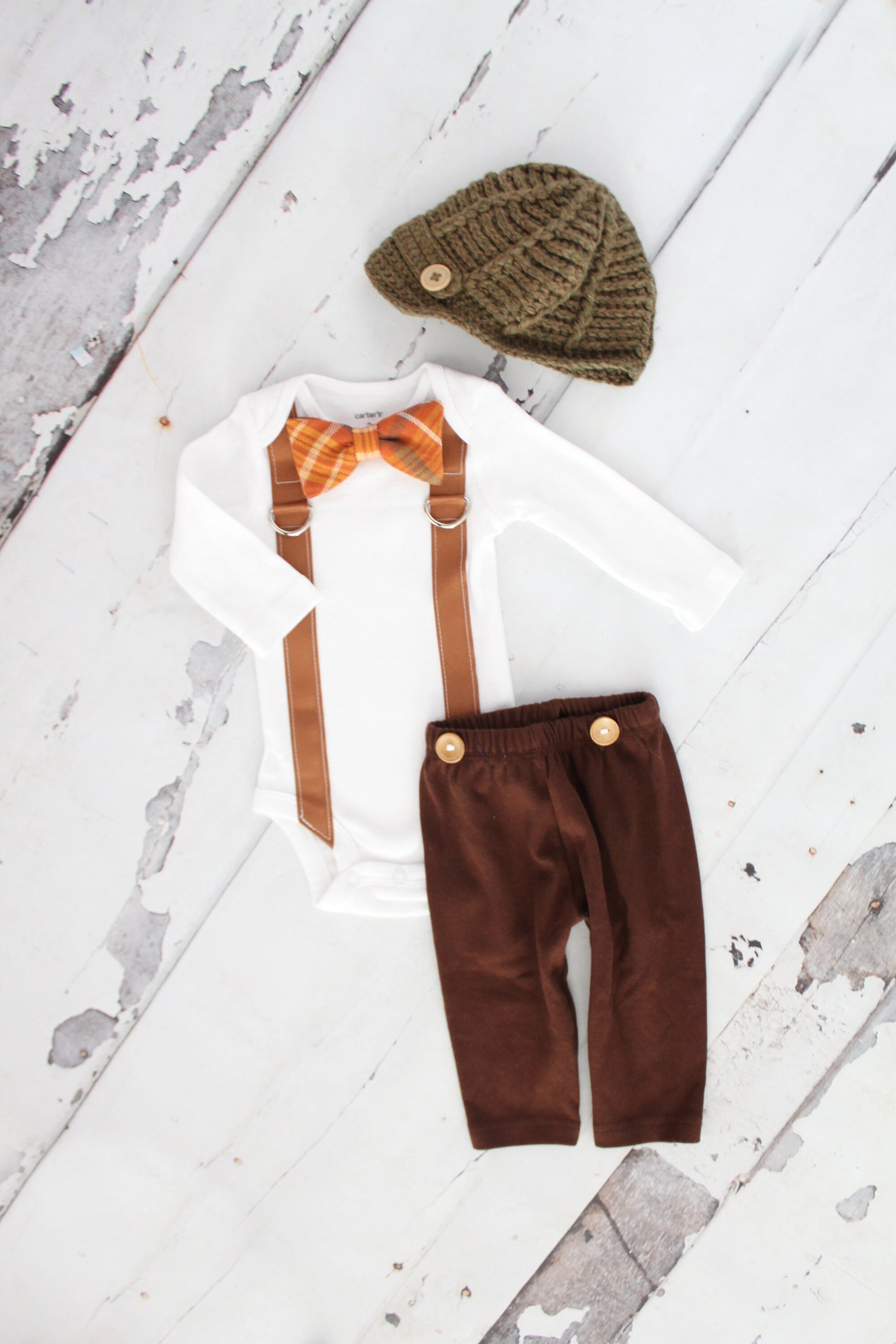 Pumpkin Spice Plaid Bow Tie & Suspender Bodysuit Knit Newsboy Hat Thanksgiving Newborn Baby Boy Coming Home Outfit 1st Birthday Fall Harvest