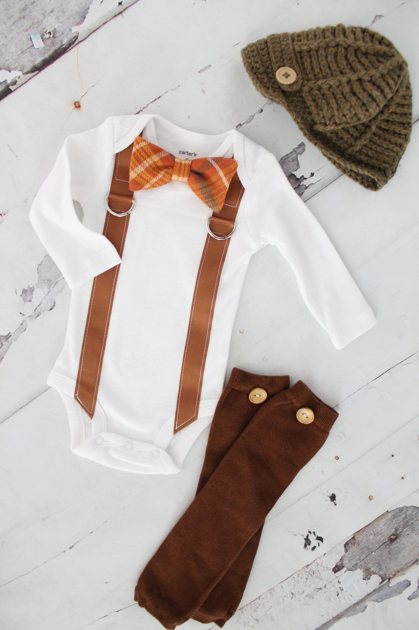 Pumpkin Spice Plaid Bow Tie & Suspender Bodysuit Knit Newsboy Hat Thanksgiving Newborn Baby Boy Coming Home Outfit 1st Birthday Fall Harvest