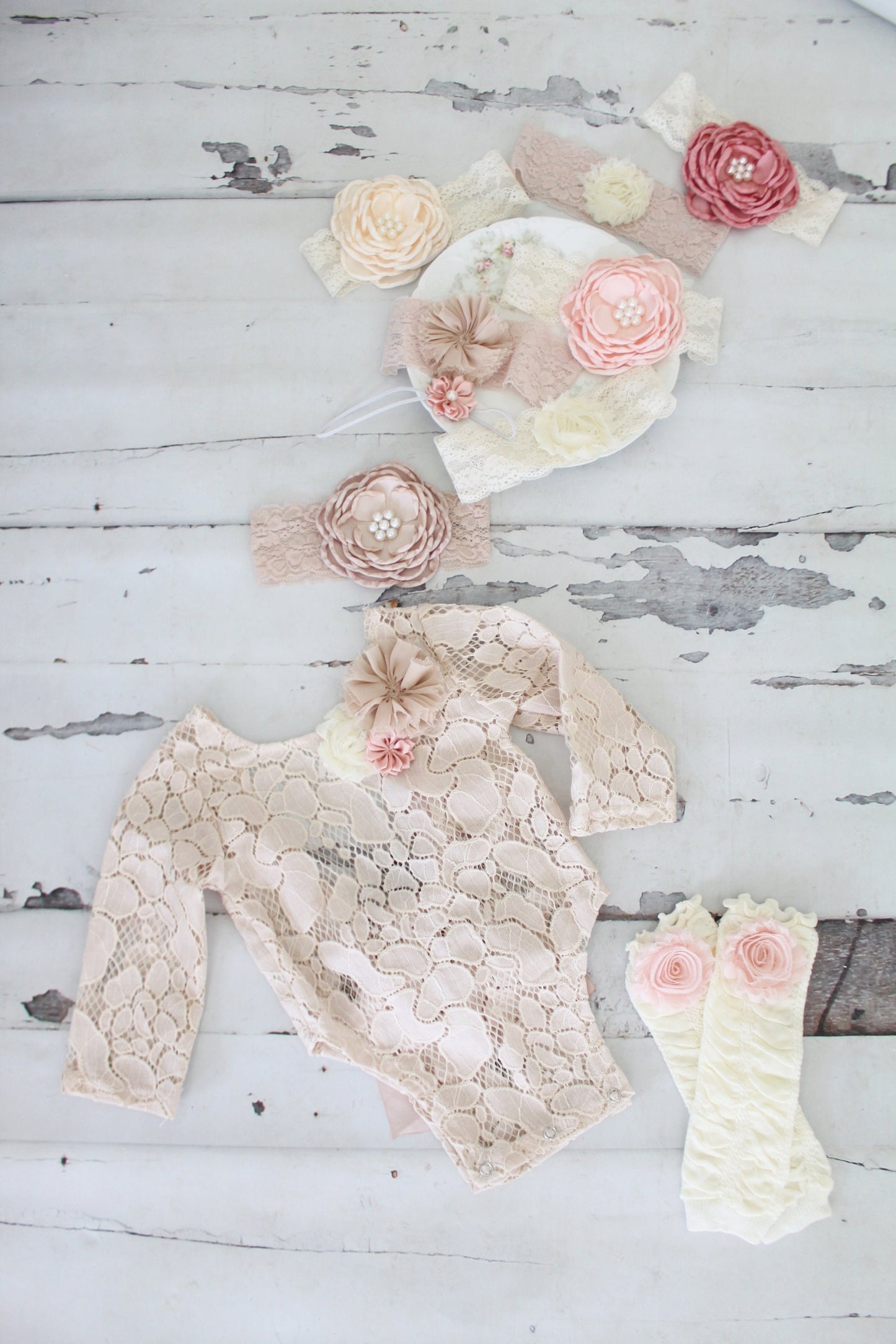 Newborn Baby Girl Photo Prop Boho Lace Romper w Satin Blush Bow & Headband. Coming Home Outfit, 1st Birthday Outfit Mommy Me Easter Spring