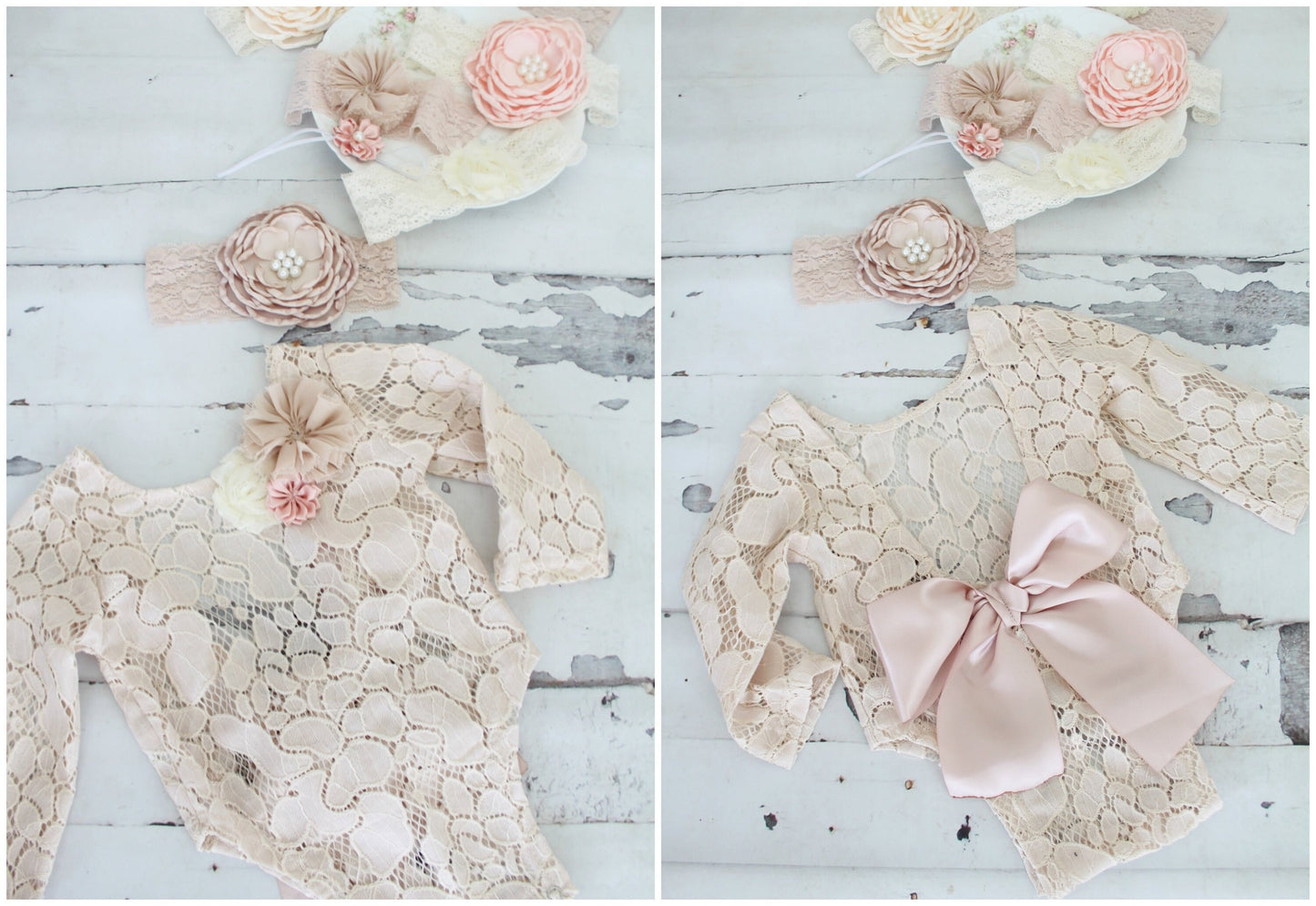 Summer Baby Girl Boho Lace Romper w Satin Blush Bow Headband Coming Home Outfit 1st Birthday Outfit Mommy Me Newborn Birthday Photo prop