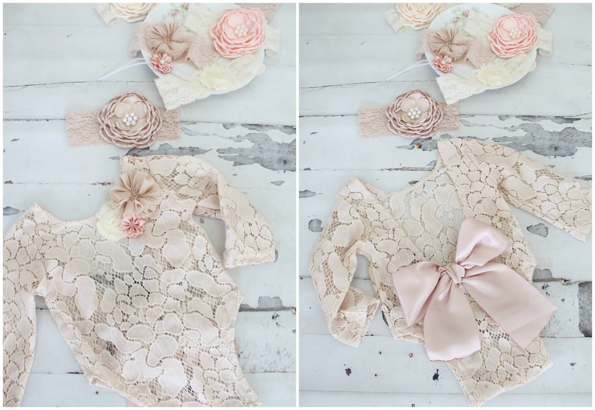 Summer Baby Girl Boho Lace Romper w Satin Blush Bow Headband Coming Home Outfit 1st Birthday Outfit Mommy Me Newborn Birthday Photo prop