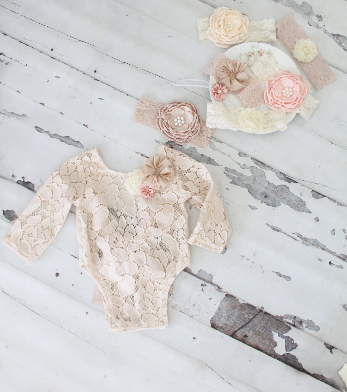 Newborn Baby Girl Photo Prop Boho Lace Romper w Satin Blush Bow & Headband. Coming Home Outfit, 1st Birthday Outfit Mommy Me Easter Spring