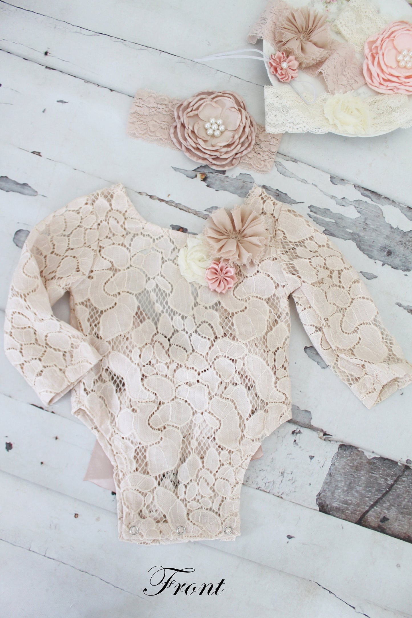 Newborn Baby Girl Photo Prop Boho Lace Romper w Satin Blush Bow & Headband. Coming Home Outfit, 1st Birthday Outfit Mommy Me Easter Spring