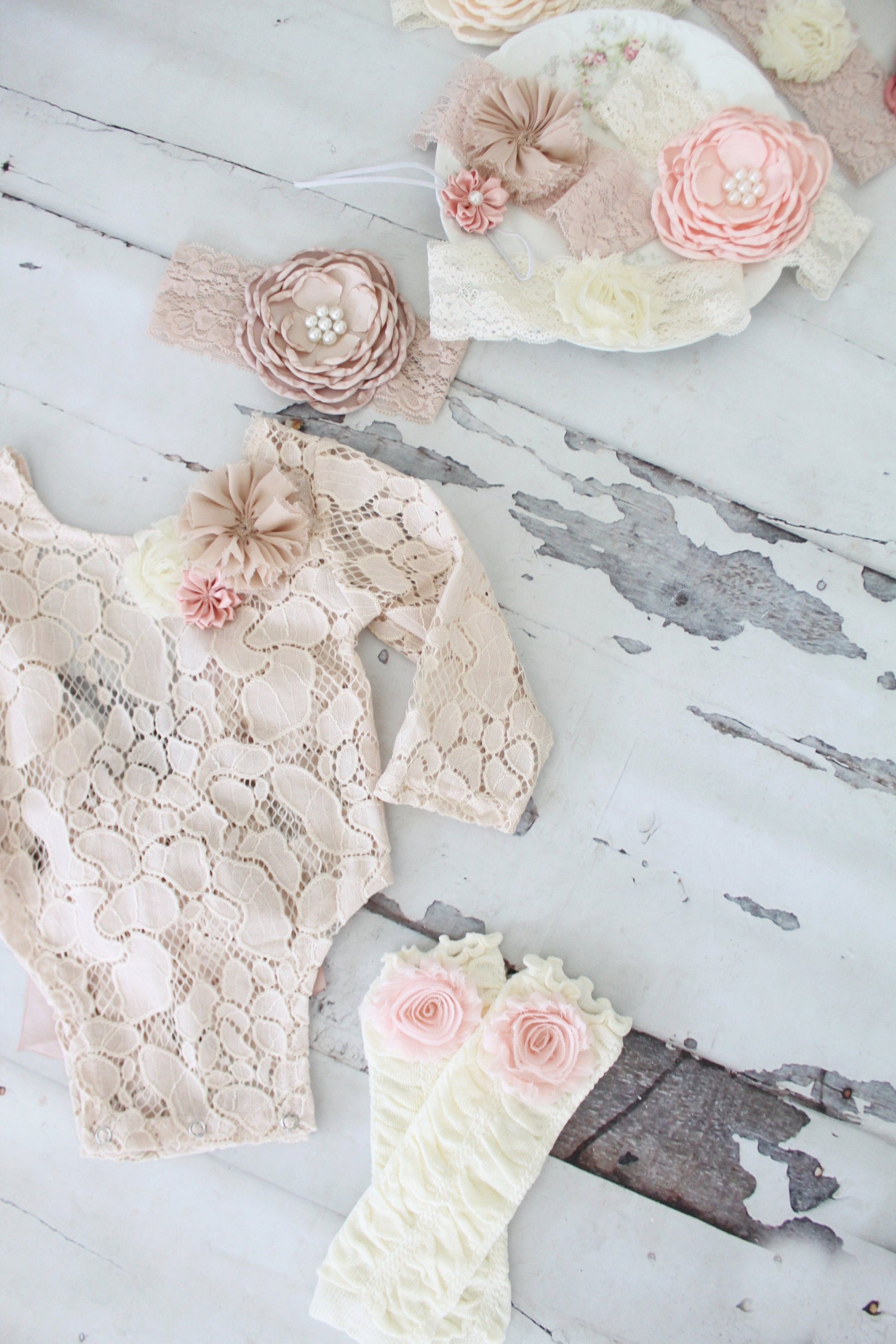 Newborn Baby Girl Photo Prop Boho Lace Romper w Satin Blush Bow & Headband. Coming Home Outfit, 1st Birthday Outfit Mommy Me Easter Spring