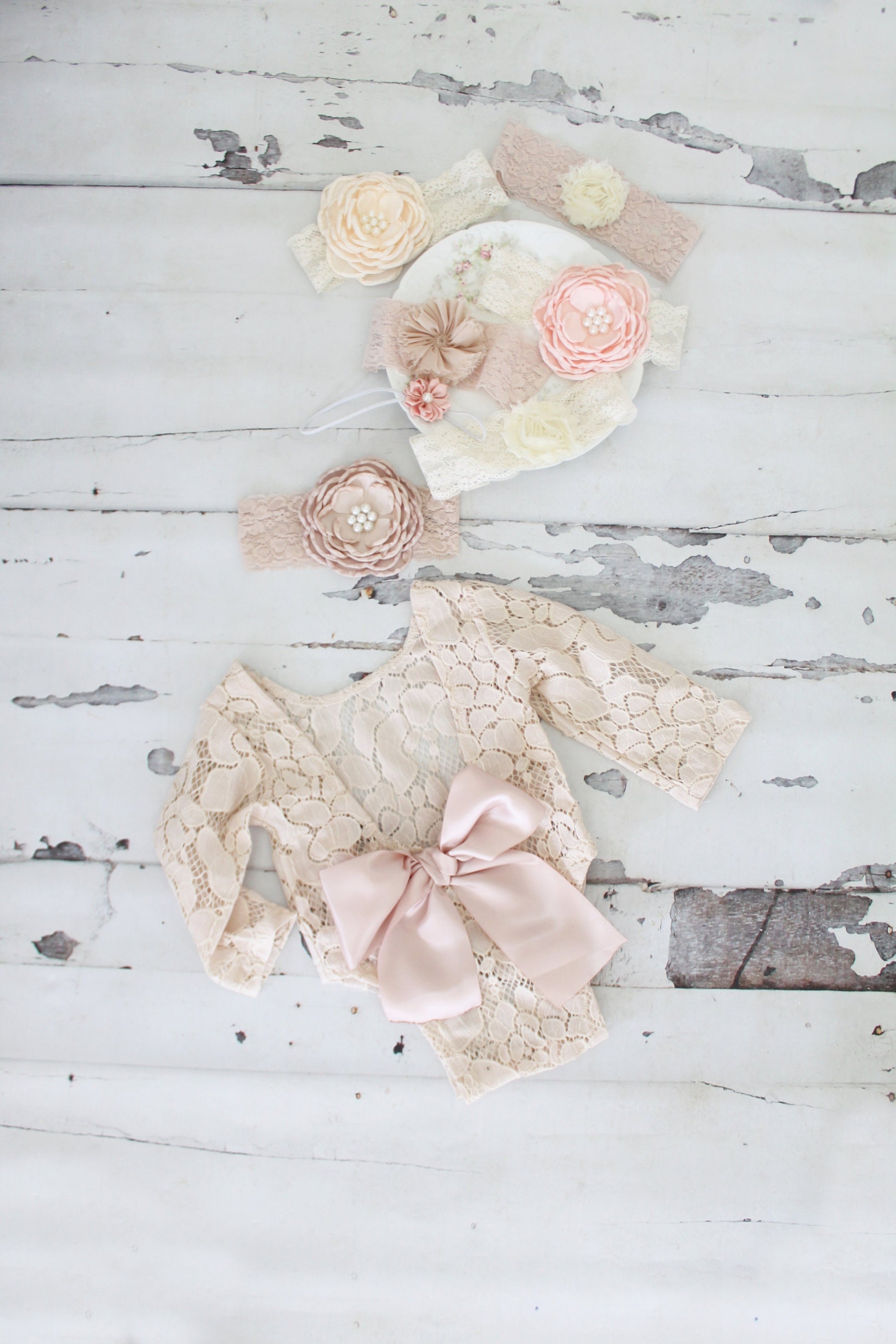 Newborn Baby Girl Photo Prop Boho Lace Romper w Satin Blush Bow & Headband. Coming Home Outfit, 1st Birthday Outfit Mommy Me Easter Spring