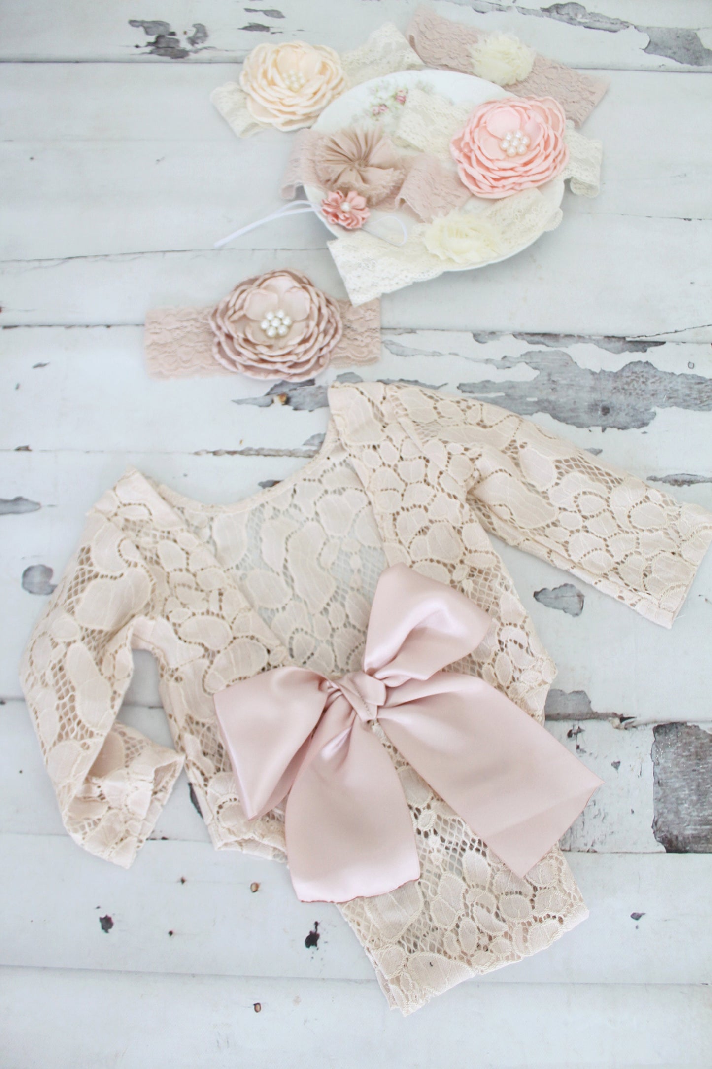 Newborn Baby Girl Photo Prop Boho Lace Romper w Satin Blush Bow & Headband. Coming Home Outfit, 1st Birthday Outfit Mommy Me Easter Spring