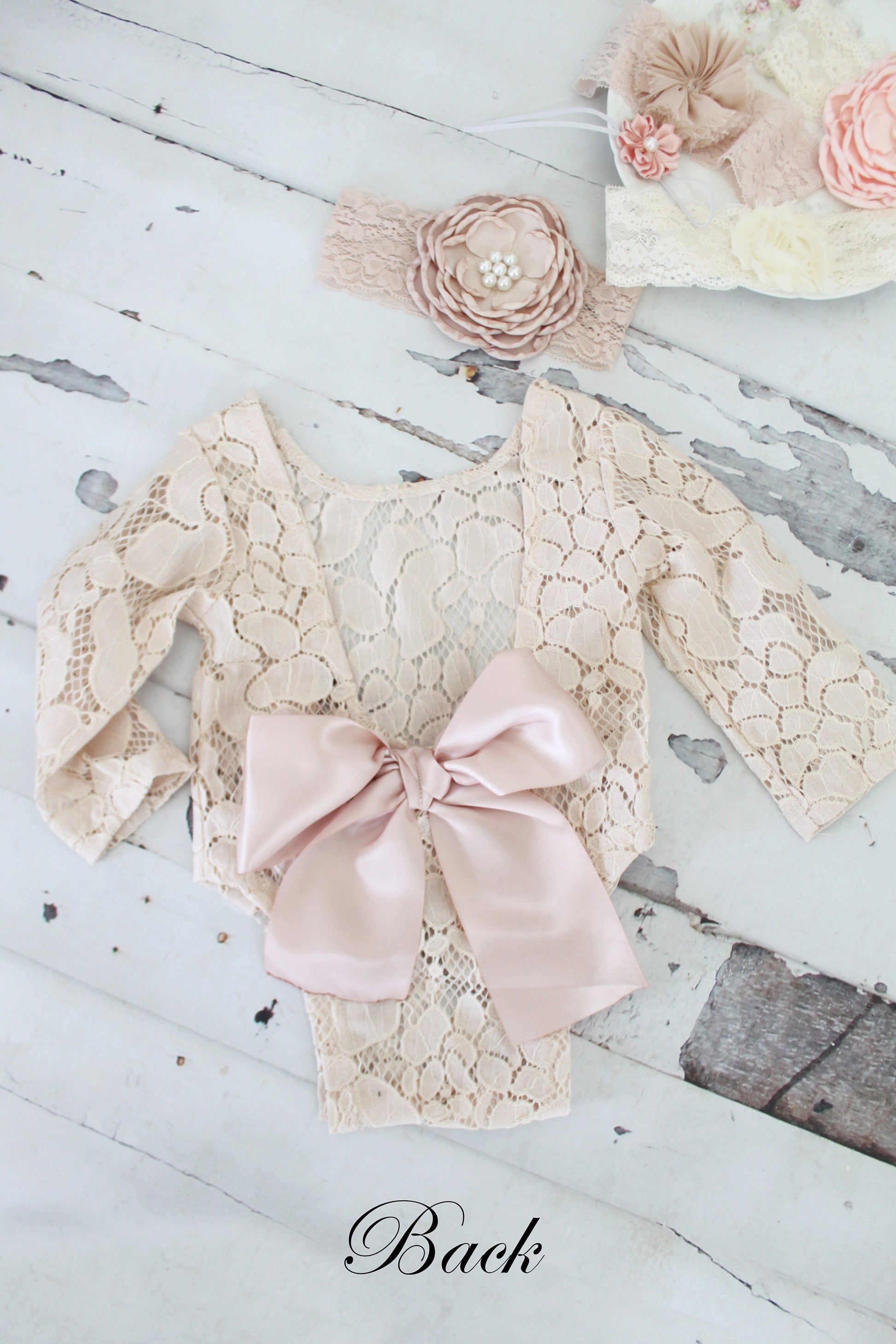 Newborn Baby Girl Photo Prop Boho Lace Romper w Satin Blush Bow & Headband. Coming Home Outfit, 1st Birthday Outfit Mommy Me Easter Spring