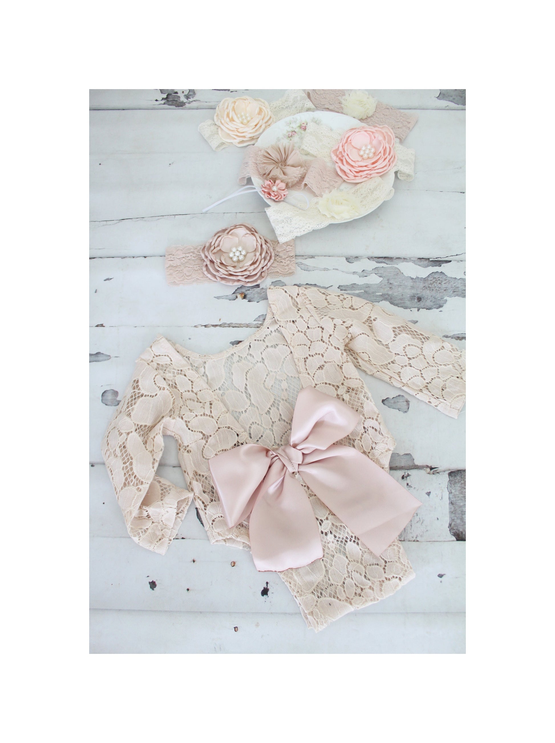 Newborn Baby Girl Photo Prop Boho Lace Romper w Satin Blush Bow & Headband. Coming Home Outfit, 1st Birthday Outfit Mommy Me Easter Spring