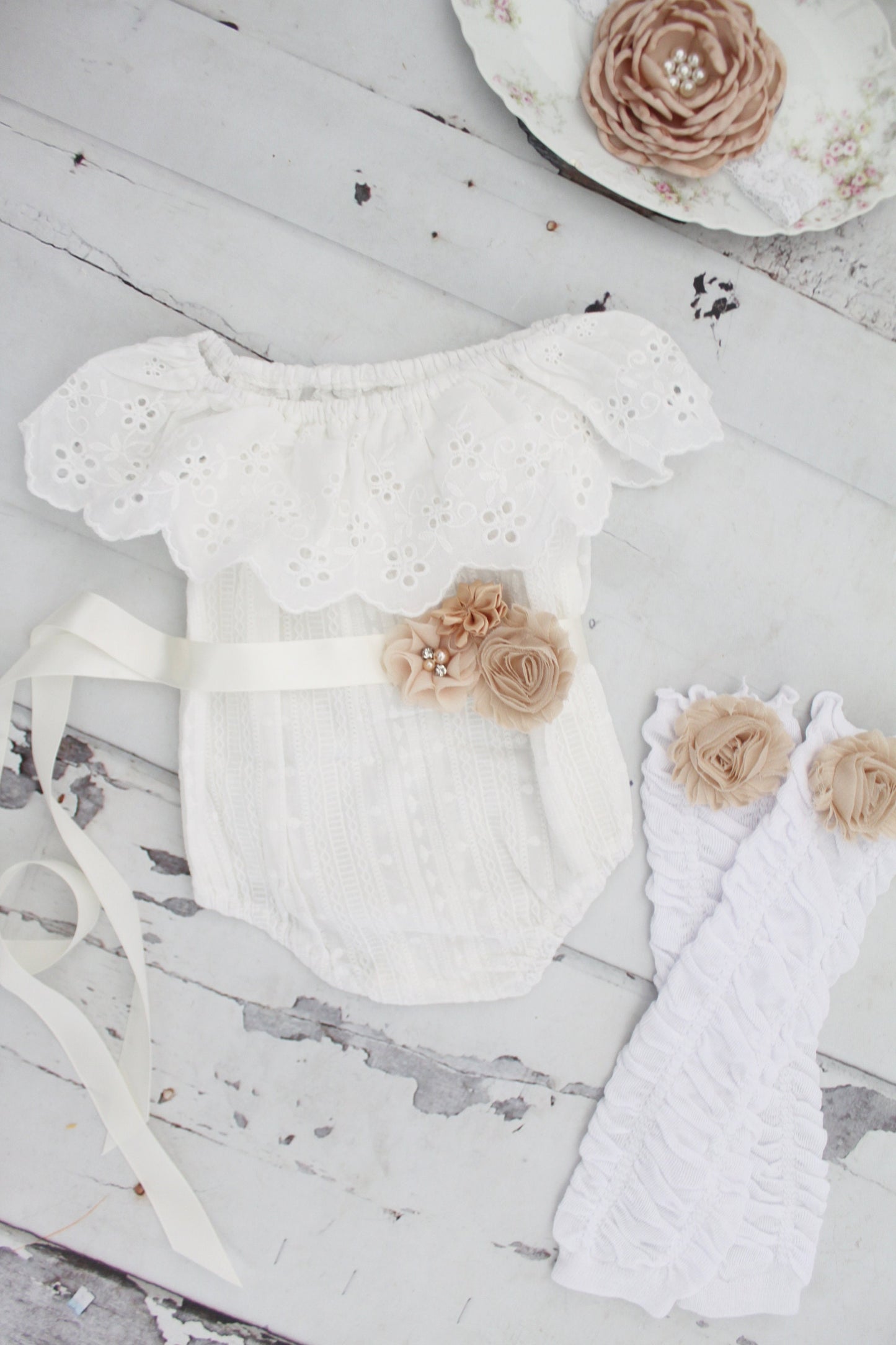 Summer Boho Chic White Lace Cold Shoulder Birthday Romper Sash & Headband. Newborn Baby Girl Coming Home Outfit, 1st Birthday, Mommy Me Tan