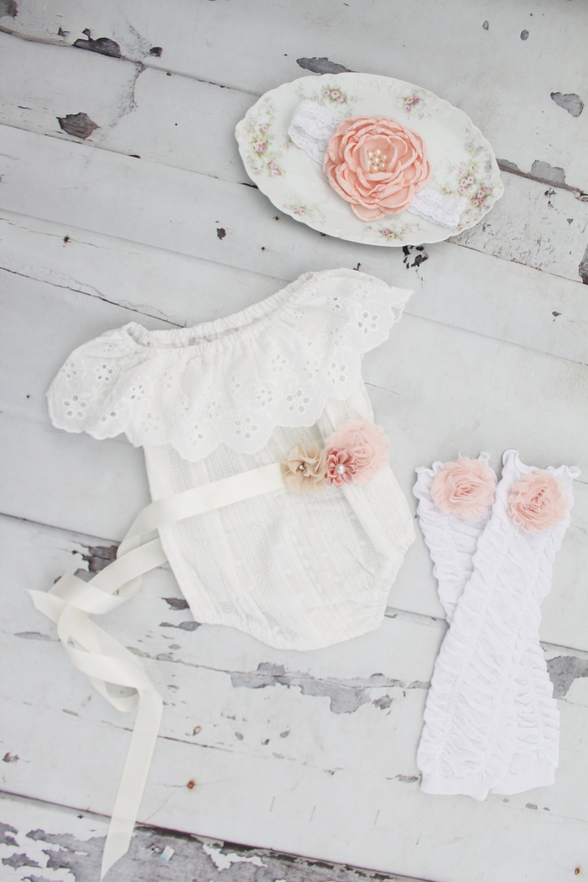 Summer Boho Chic White Lace Cold Shoulder Birthday Romper Sash & Headband. Newborn Baby Girl Coming Home Outfit, 1st Birthday, Mommy Me Tan