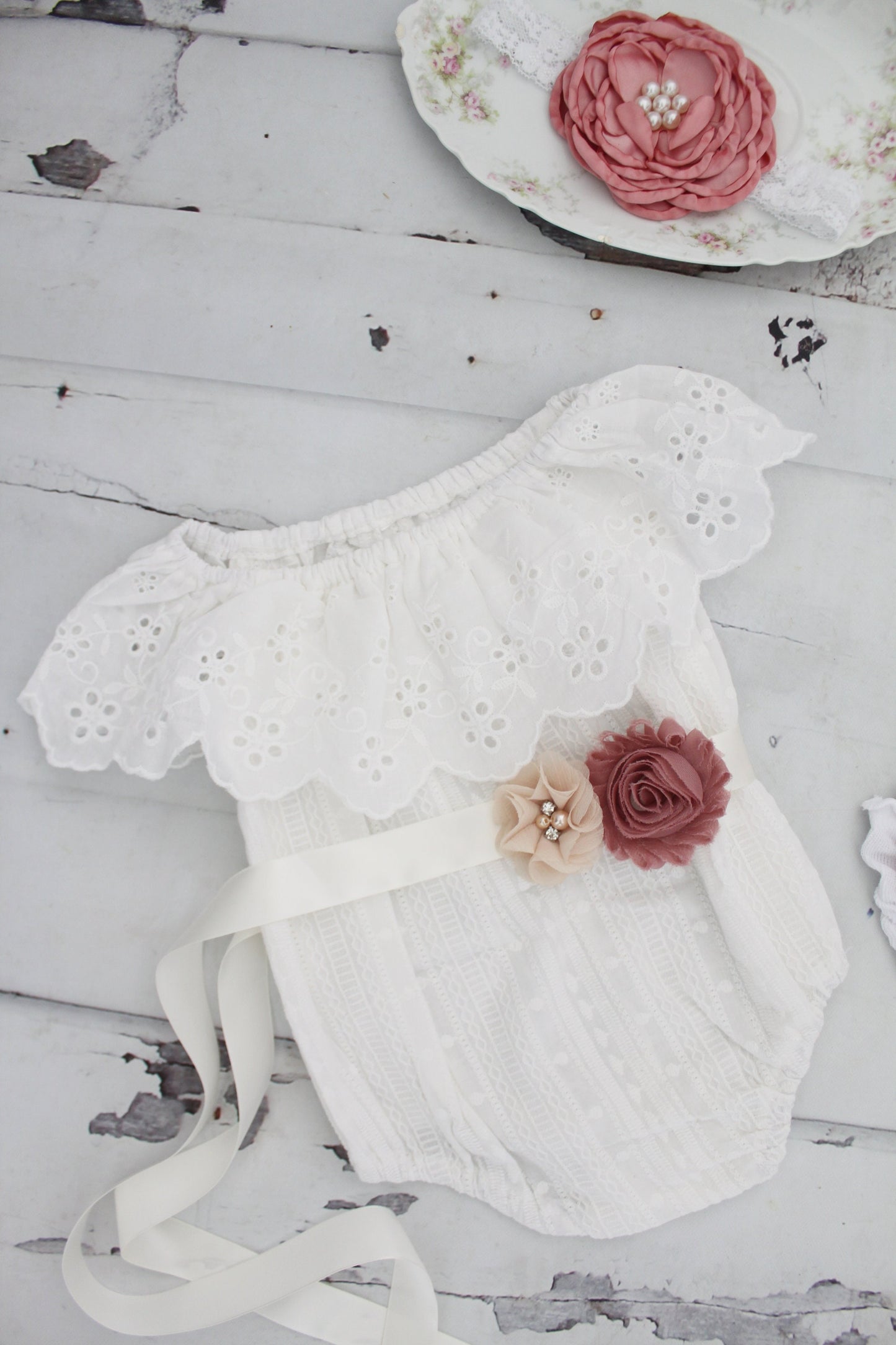 Summer Boho Chic White Lace Cold Shoulder Birthday Romper Sash & Headband. Newborn Baby Girl Coming Home Outfit, 1st Birthday, Mommy Me Tan