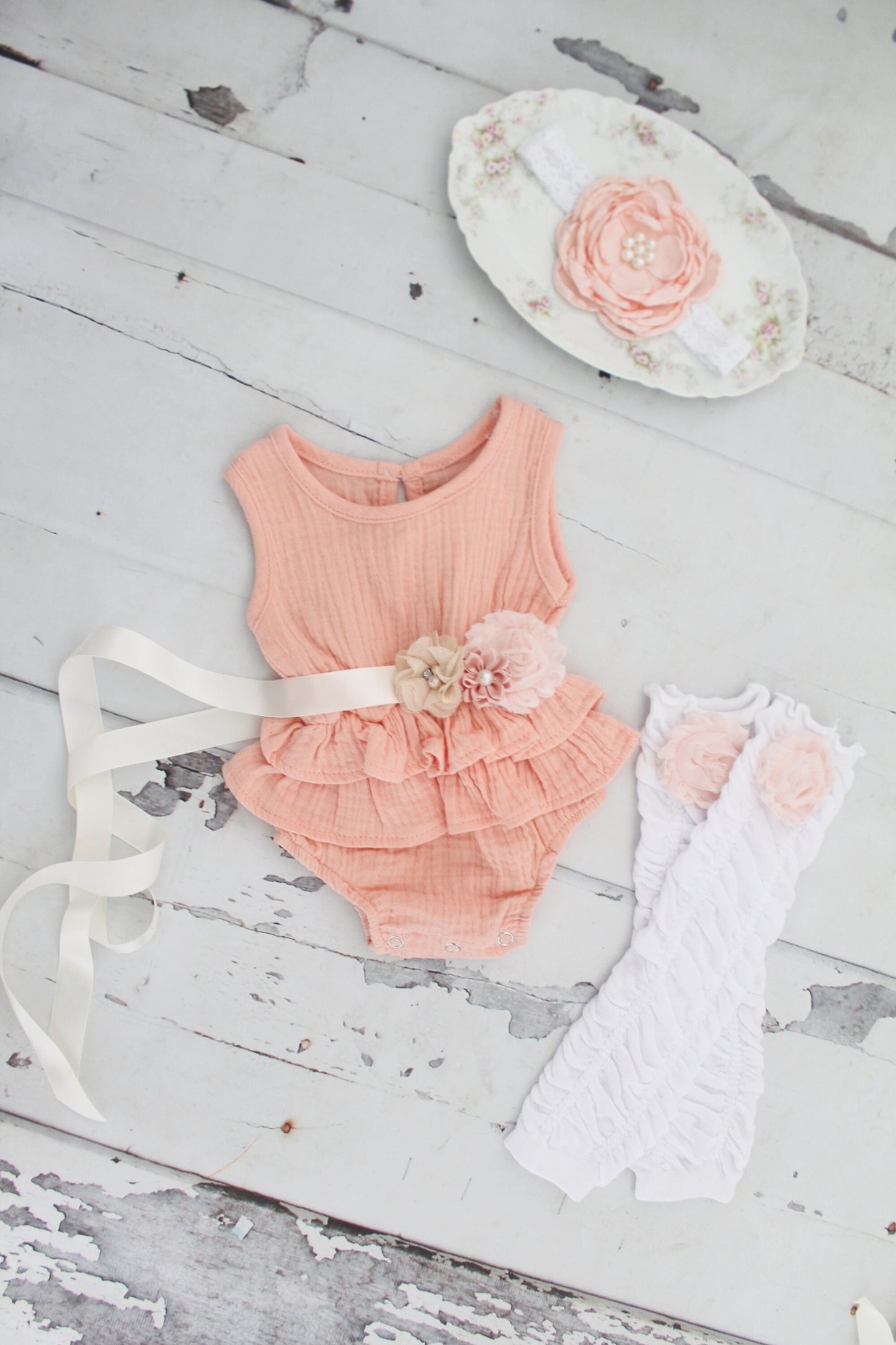 Summer Boho Chic Pink Ruffle Romper w Blush Sash & Headband. Easter Spring Newborn Baby Girl Coming Home Outfit, 1st Birthday, Mommy me