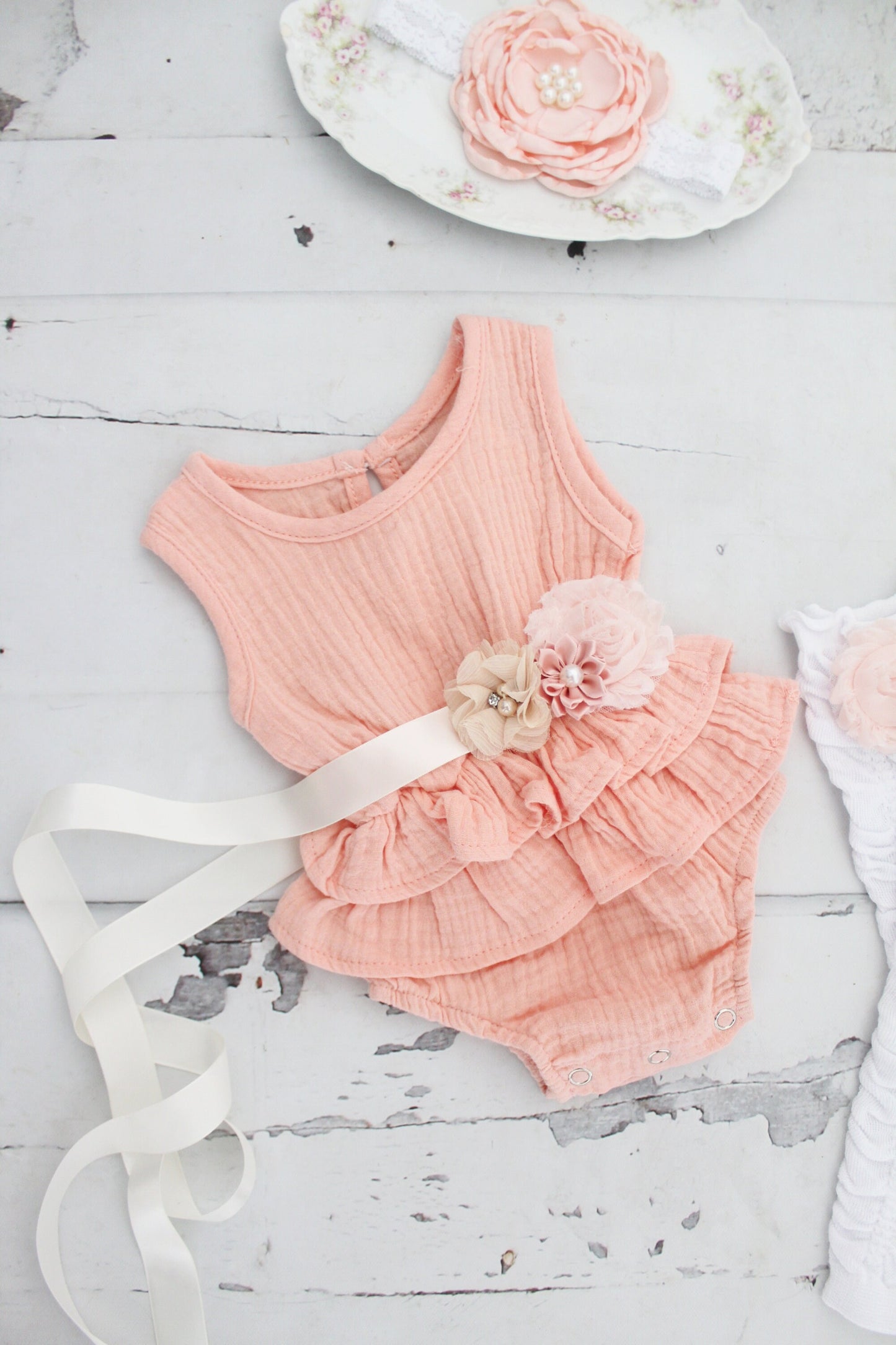 Summer Boho Chic Pink Ruffle Romper w Blush Sash & Headband. Easter Spring Newborn Baby Girl Coming Home Outfit, 1st Birthday, Mommy me