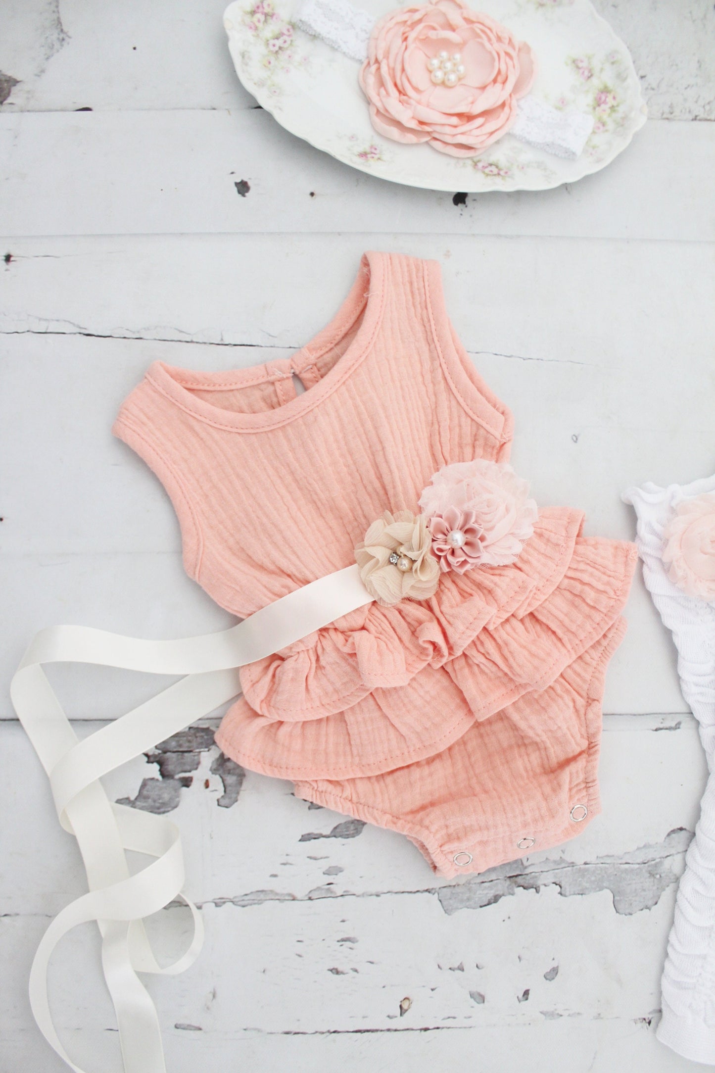 Summer Boho Chic Ruffle Romper w Sash & Headband. White, Pink, Mustard, Lavender. Newborn Baby Girl Coming Home Outfit, 1st Birthday Outfit