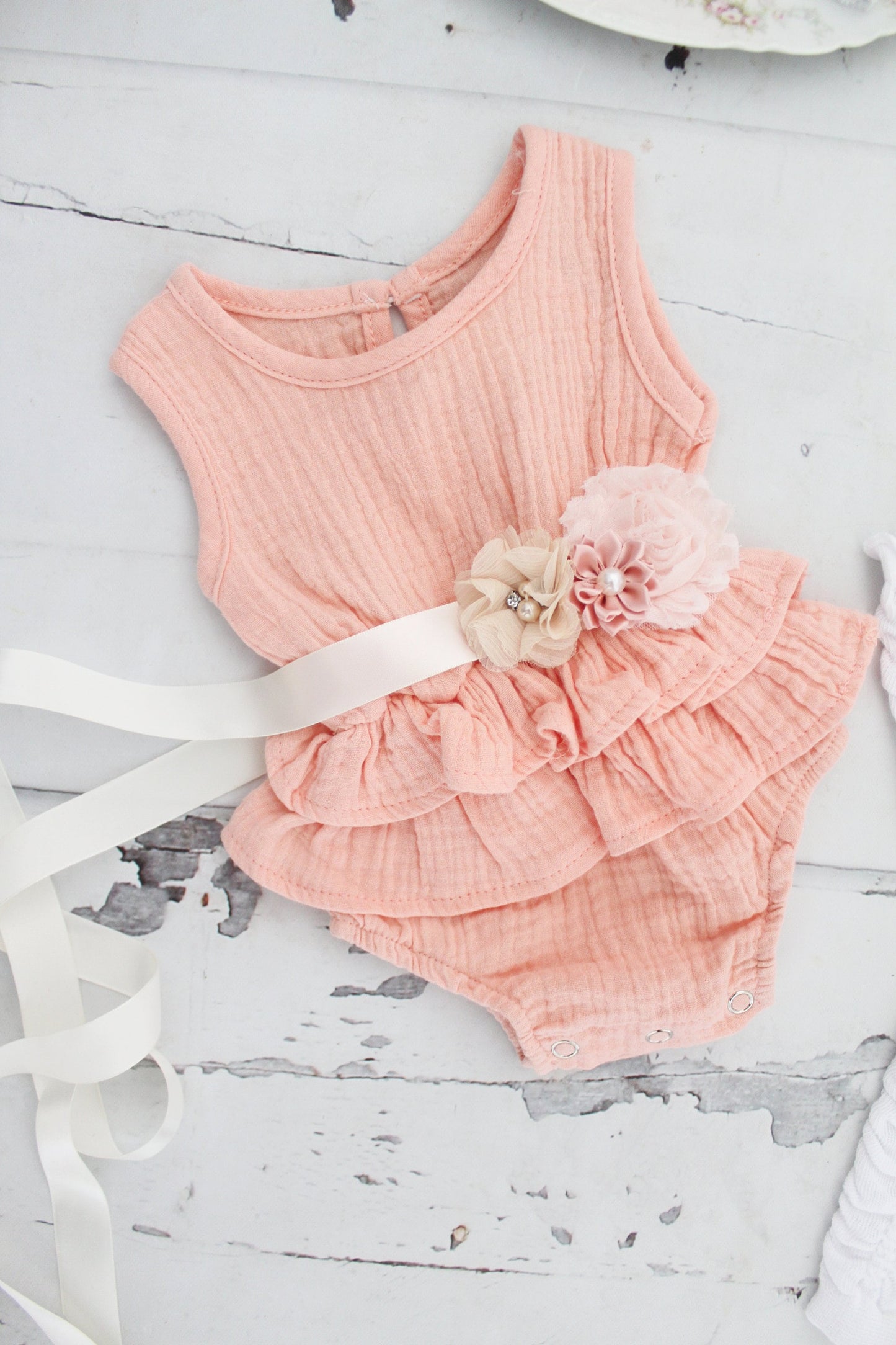 Summer Boho Chic Pink Ruffle Romper w Blush Sash & Headband. Easter Spring Newborn Baby Girl Coming Home Outfit, 1st Birthday, Mommy me