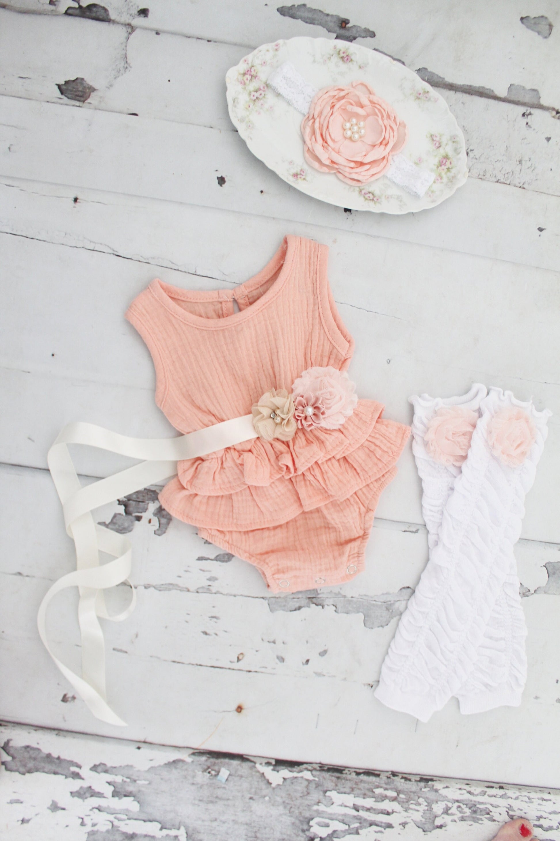 Summer Boho Chic Pink Ruffle Romper w Blush Sash & Headband. Easter Spring Newborn Baby Girl Coming Home Outfit, 1st Birthday, Mommy me