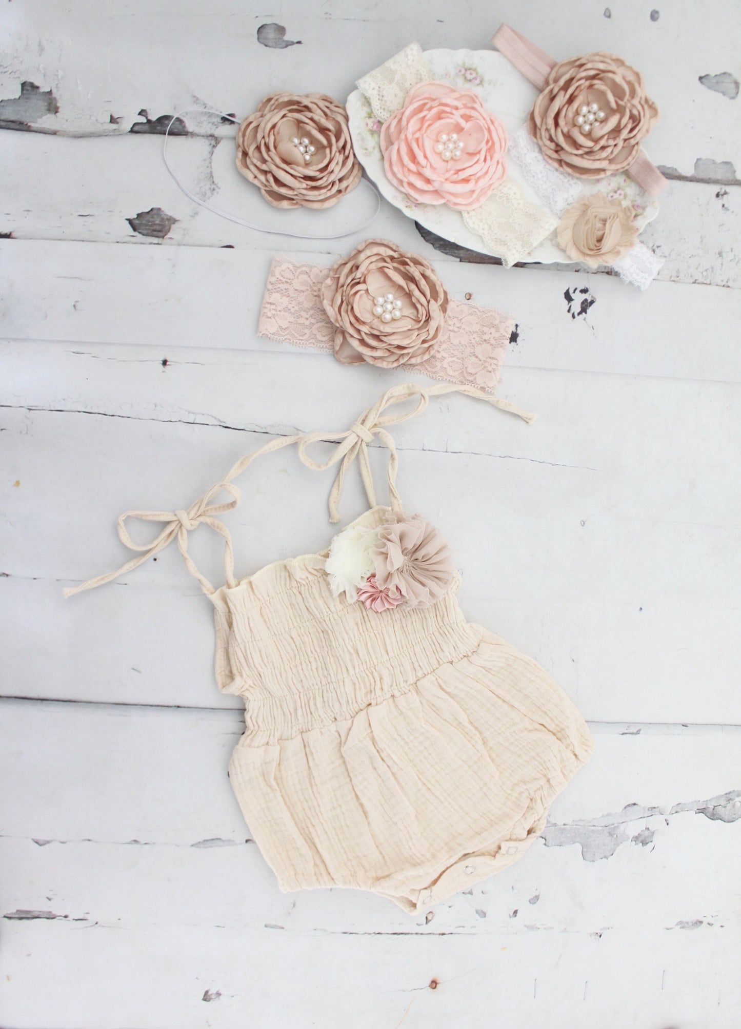 Fall Birthday Boho Smocked Romper w Floral Clip & Headband. Coming Home Outfit, 1st Birthday Outfit Mommy Me Newborn Baby Girl Photo Prop