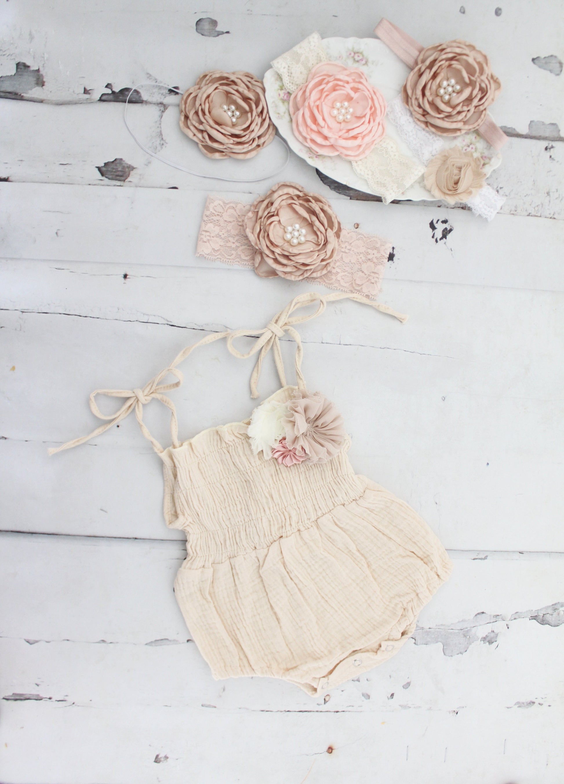 Fall Birthday Boho Smocked Romper w Floral Clip & Headband. Coming Home Outfit, 1st Birthday Outfit Mommy Me Newborn Baby Girl Photo Prop