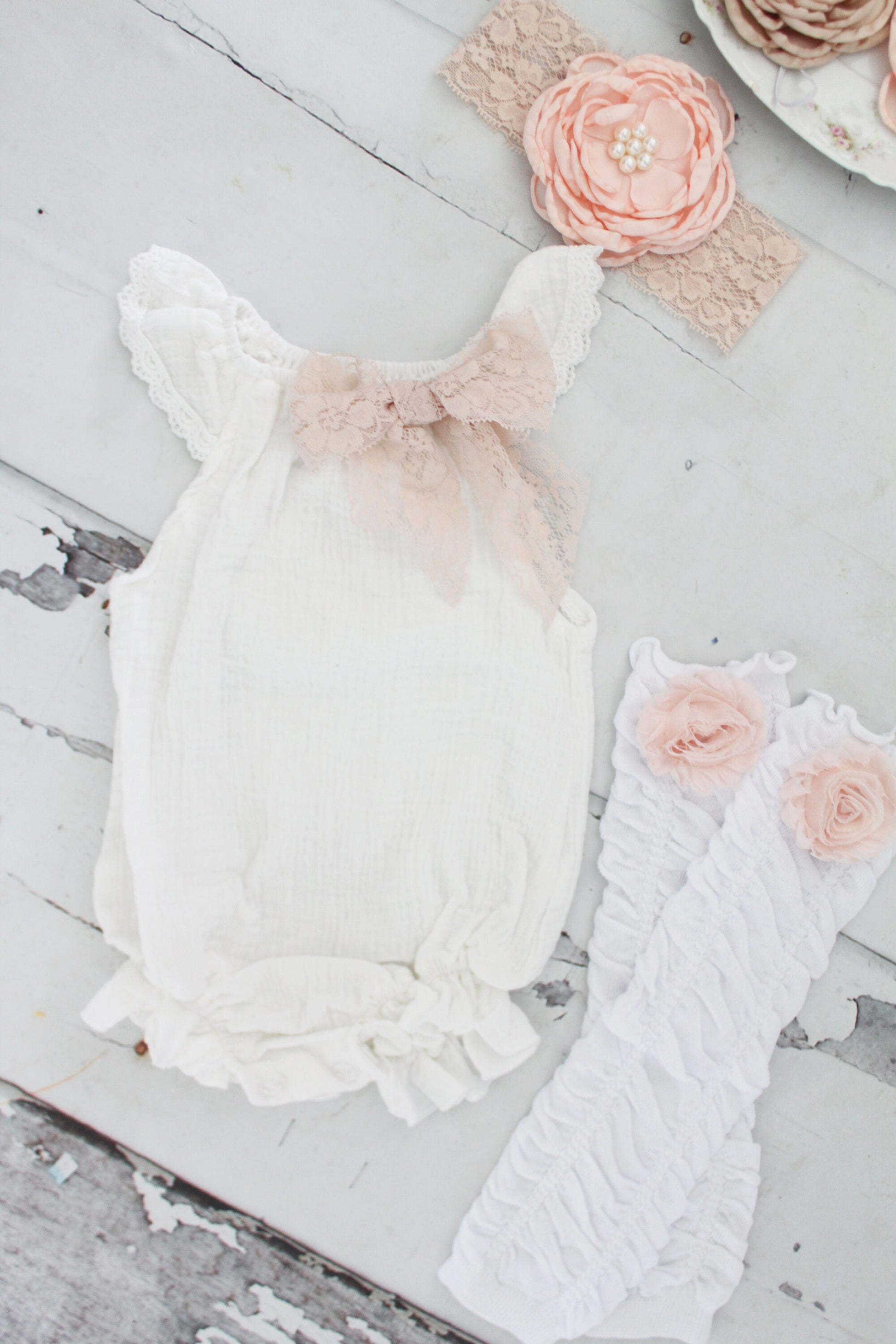 Summer Boho Chic White Lace Romper w Blush Lace Bow & Headband. Newborn Baby Girl Coming Home Outfit 1st Birthday Outfit Summertime Mommy me