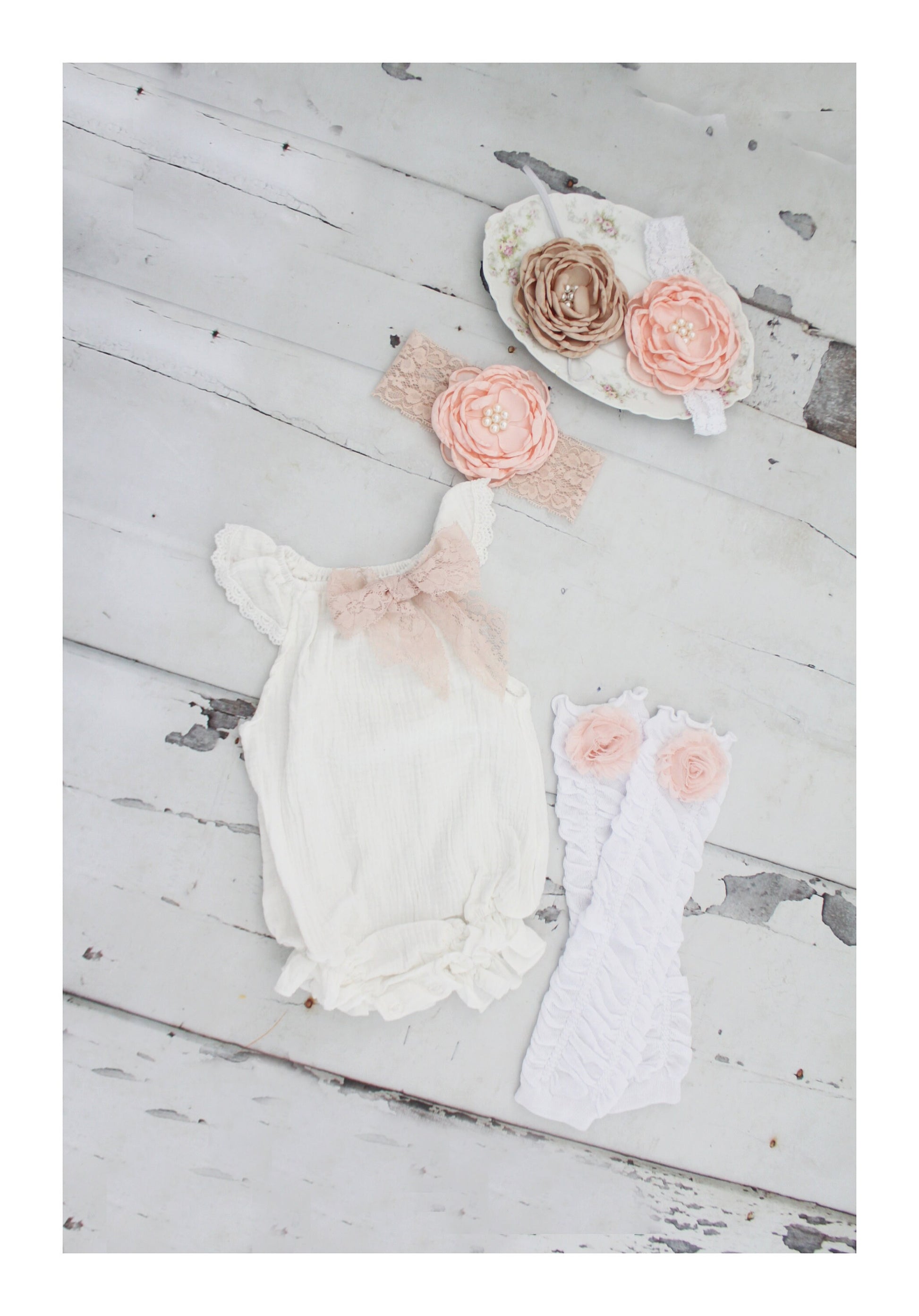 Summer Boho Chic White Lace Romper w Blush Lace Bow & Headband. Newborn Baby Girl Coming Home Outfit 1st Birthday Outfit Summertime Mommy me