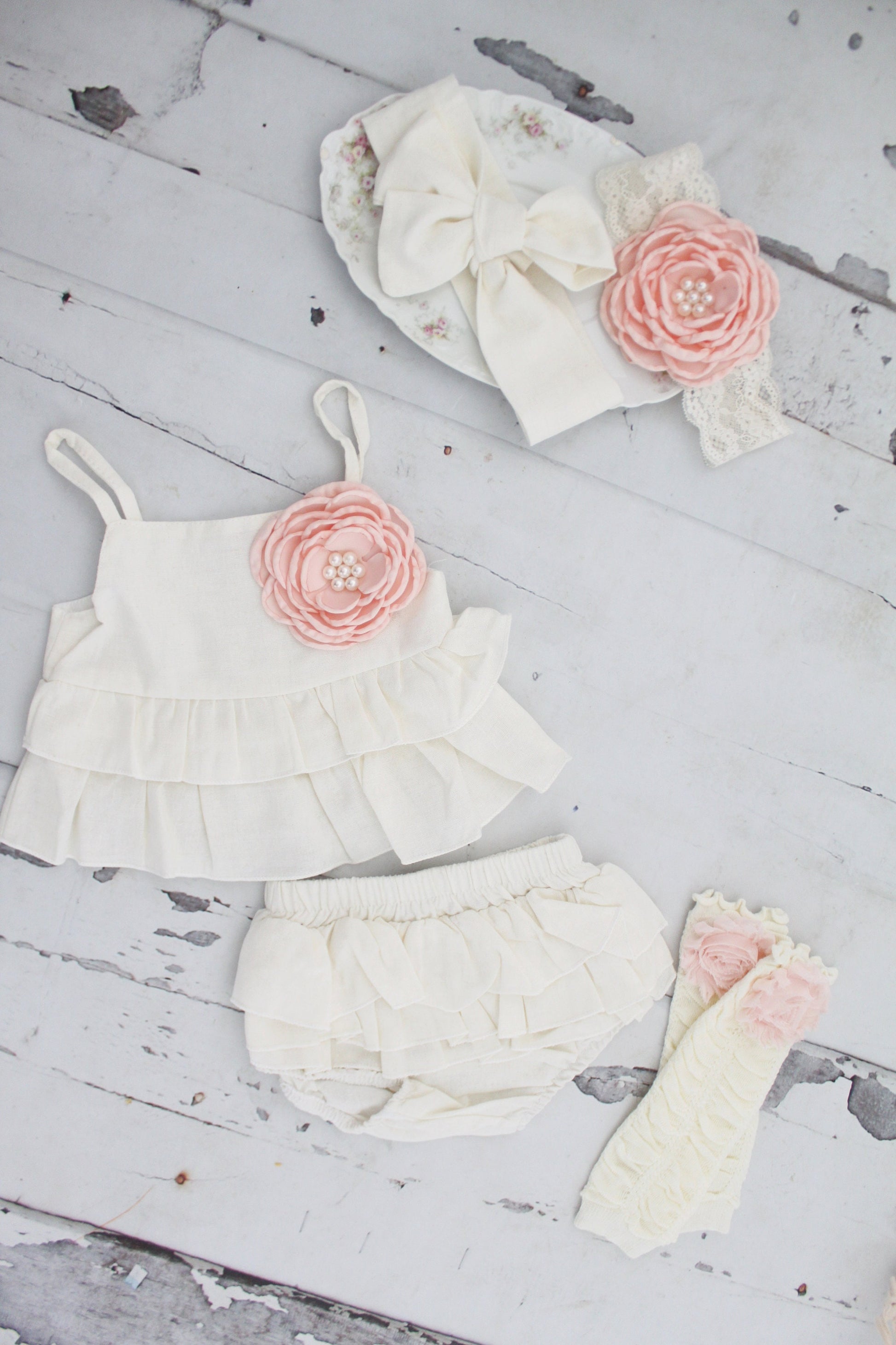 Summer Boho Baby Girl Ruffle Linen Like Sunsuit Romper, Diaper Cover, Rose Clip & Headband Newborn Coming Home Outfit 1st Birthday Outfit