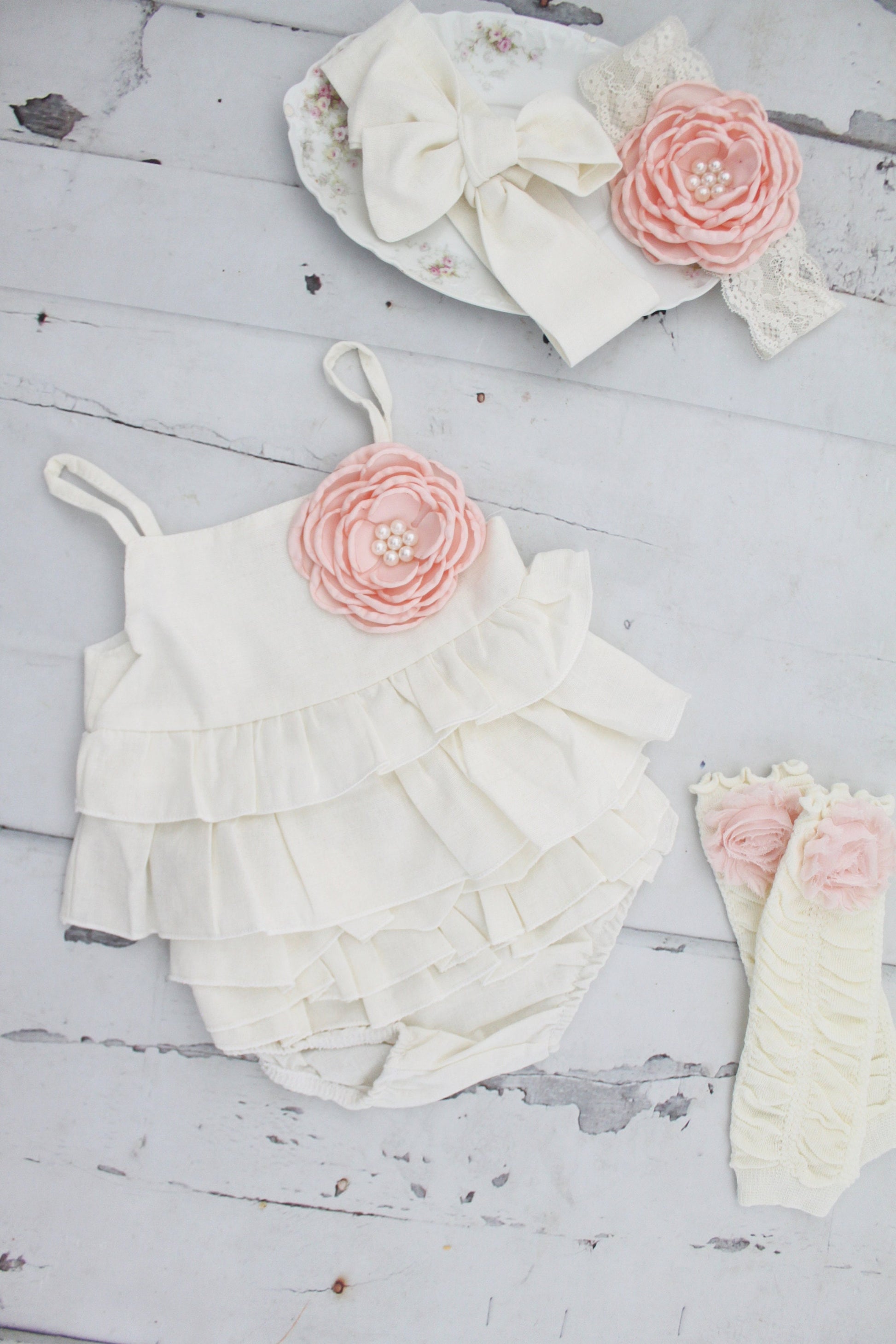 Summer Boho Baby Girl Ruffle Linen Like Sunsuit Romper, Diaper Cover, Rose Clip & Headband Newborn Coming Home Outfit 1st Birthday Outfit