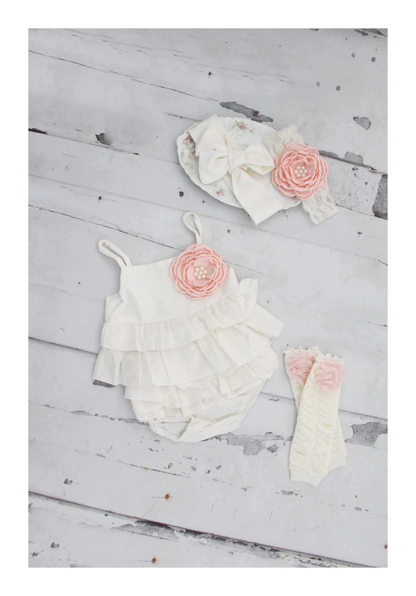 Summer Boho Baby Girl Ruffle Linen Like Sunsuit Romper, Diaper Cover, Rose Clip & Headband Newborn Coming Home Outfit 1st Birthday Outfit