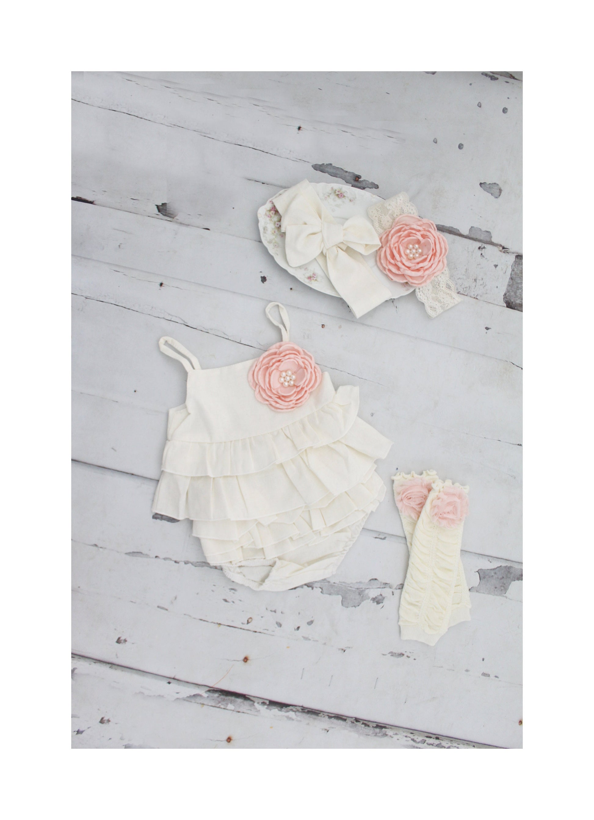 Summer Boho Baby Girl Ruffle Linen Like Sunsuit Romper, Diaper Cover, Rose Clip & Headband Newborn Coming Home Outfit 1st Birthday Outfit