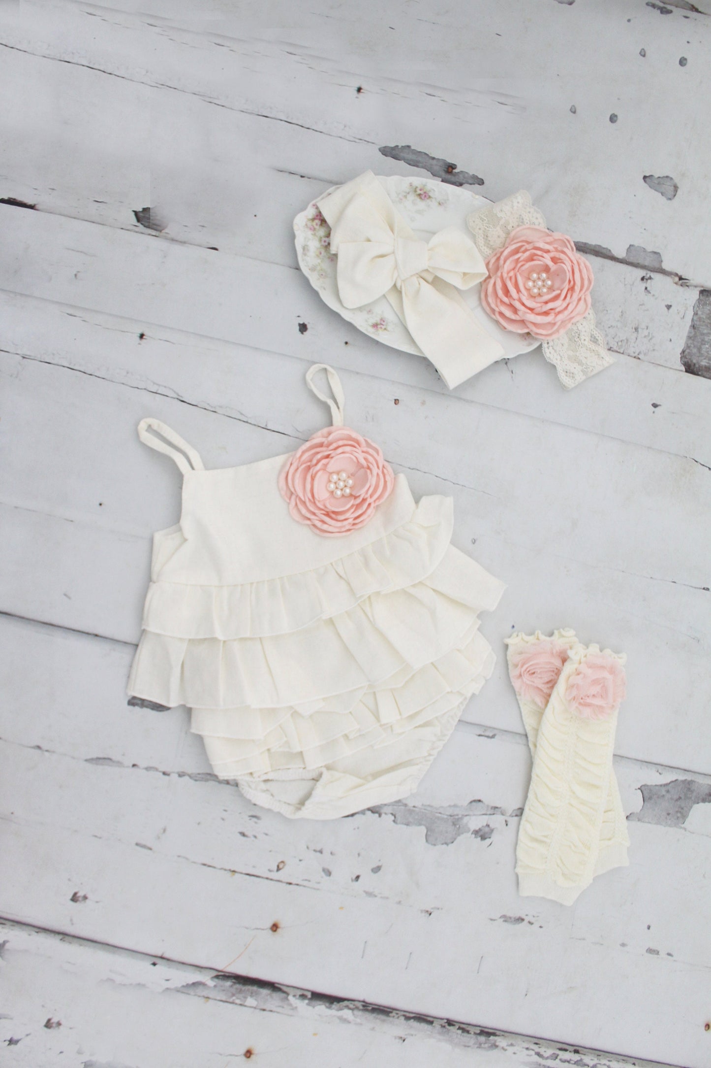 Summer Boho Baby Girl Ruffle Linen Like Sunsuit Romper, Diaper Cover, Rose Clip & Headband Newborn Coming Home Outfit 1st Birthday Outfit