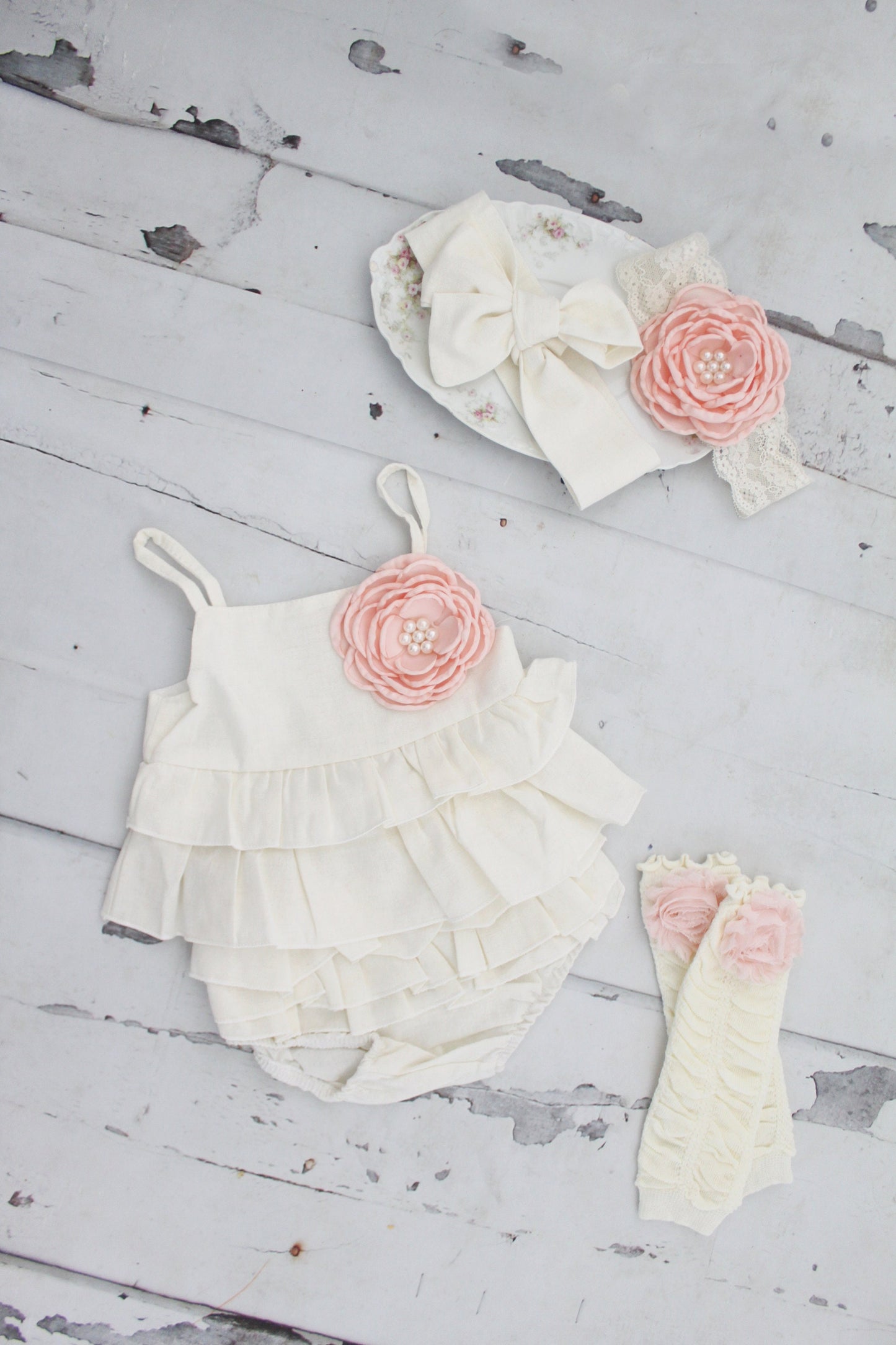 Summer Boho Baby Girl Ruffle Linen Like Sunsuit Romper, Diaper Cover, Rose Clip & Headband Newborn Coming Home Outfit 1st Birthday Outfit