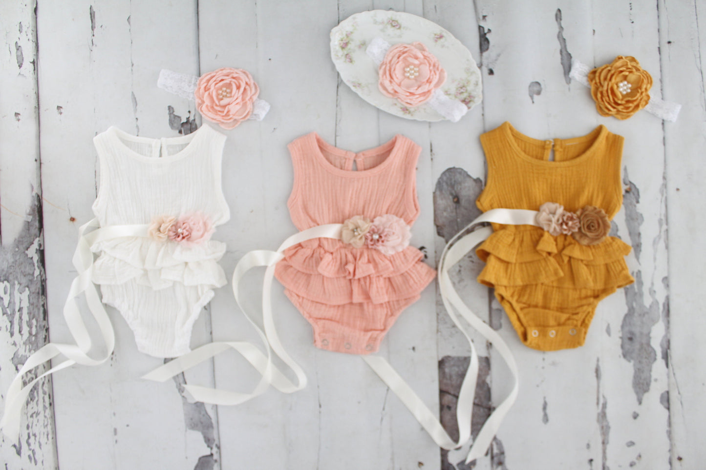 Summer Boho Chic Ruffle Romper w Sash & Headband. White, Pink, Mustard, Lavender. Newborn Baby Girl Coming Home Outfit, 1st Birthday Outfit