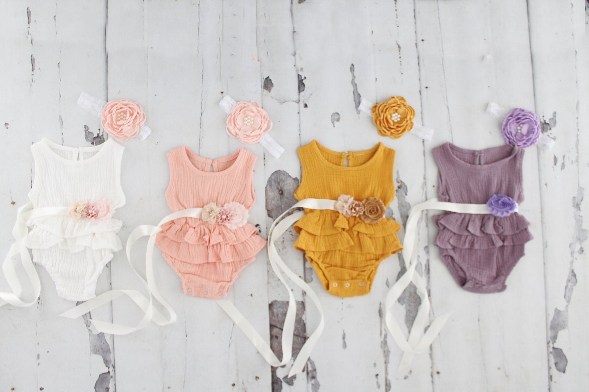 Summer Boho Chic Ruffle Romper w Sash & Headband. White, Pink, Mustard, Lavender. Newborn Baby Girl Coming Home Outfit, 1st Birthday Outfit