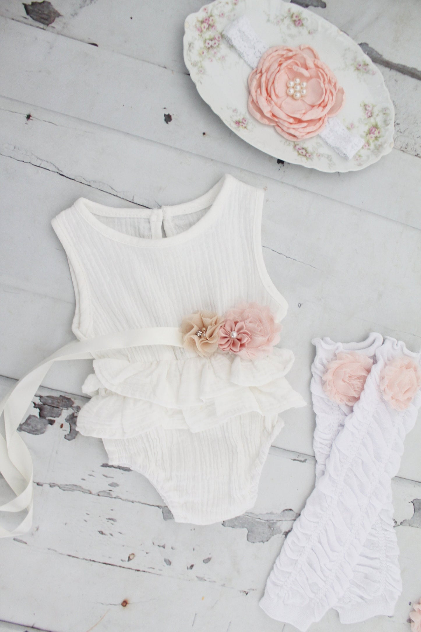 Summer Boho Chic Ruffle Romper w Sash & Headband. White, Pink, Mustard, Lavender. Newborn Baby Girl Coming Home Outfit, 1st Birthday Outfit