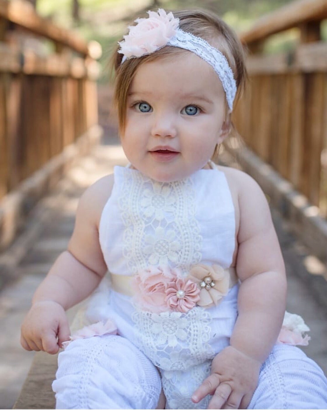 Summer Boho Chic White Lace Romper w Blush Sash & Headband. Newborn Baby Girl Coming Home Outfit, 1st Birthday Outfit Summertime Mommy me