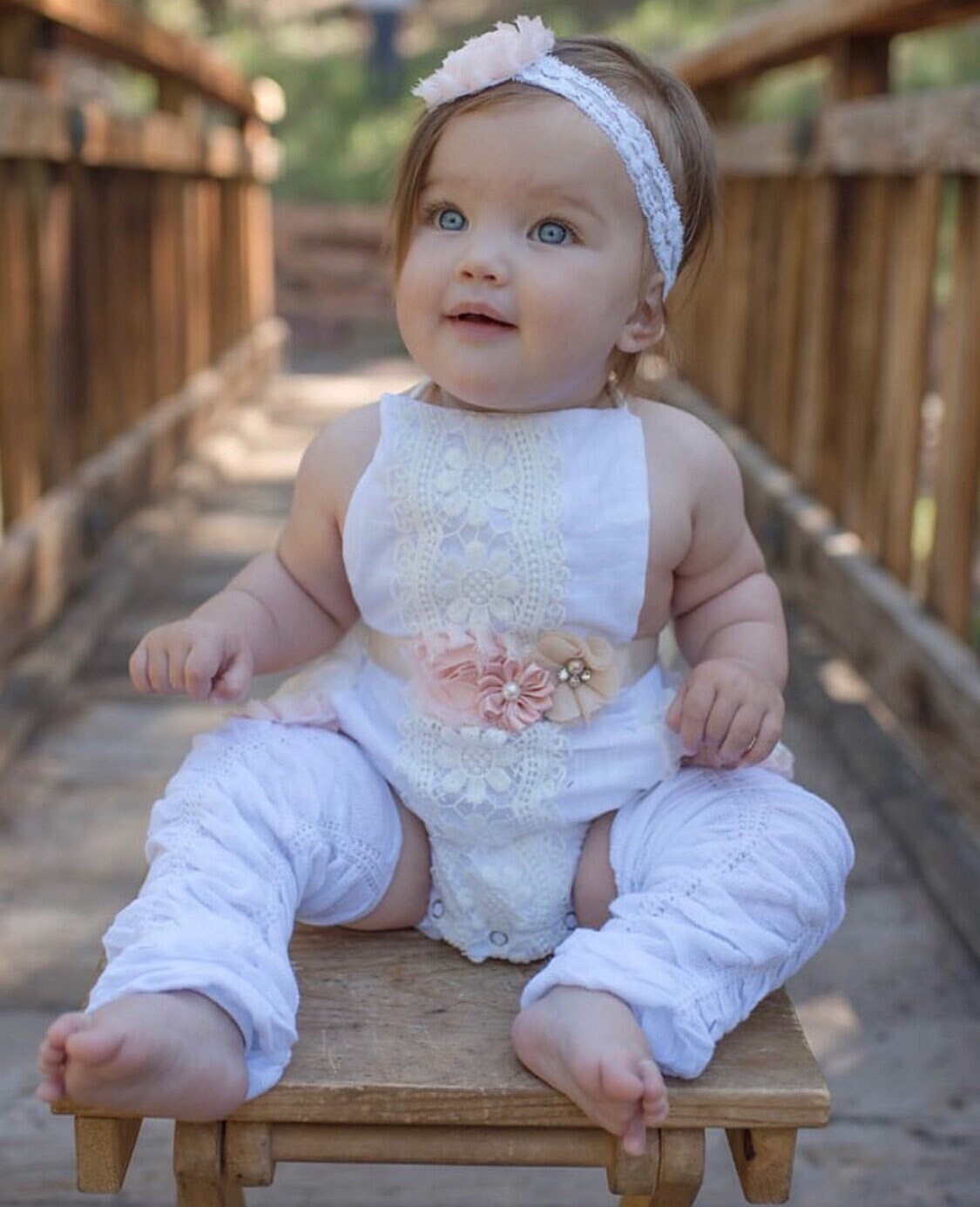 Summer Boho Chic White Lace Romper w Blush Sash & Headband. Newborn Baby Girl Coming Home Outfit, 1st Birthday Outfit Summertime Mommy me