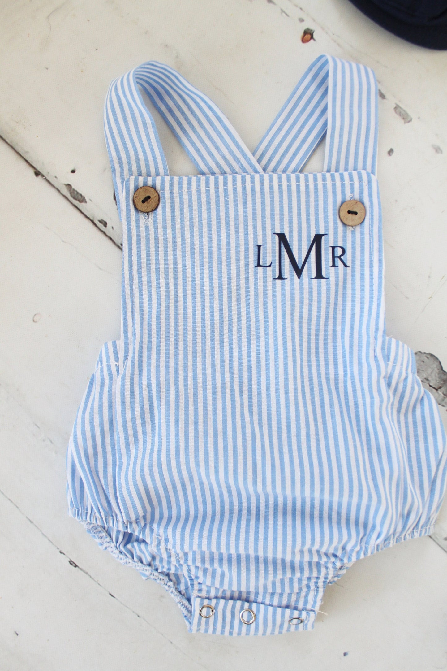 Summer Baby Boy Romper with Monogram or Name. Linen like or Seersucker Newborn Baby Boy Coming Home Outfit, 1st Birthday Outfit Newsboy Hat
